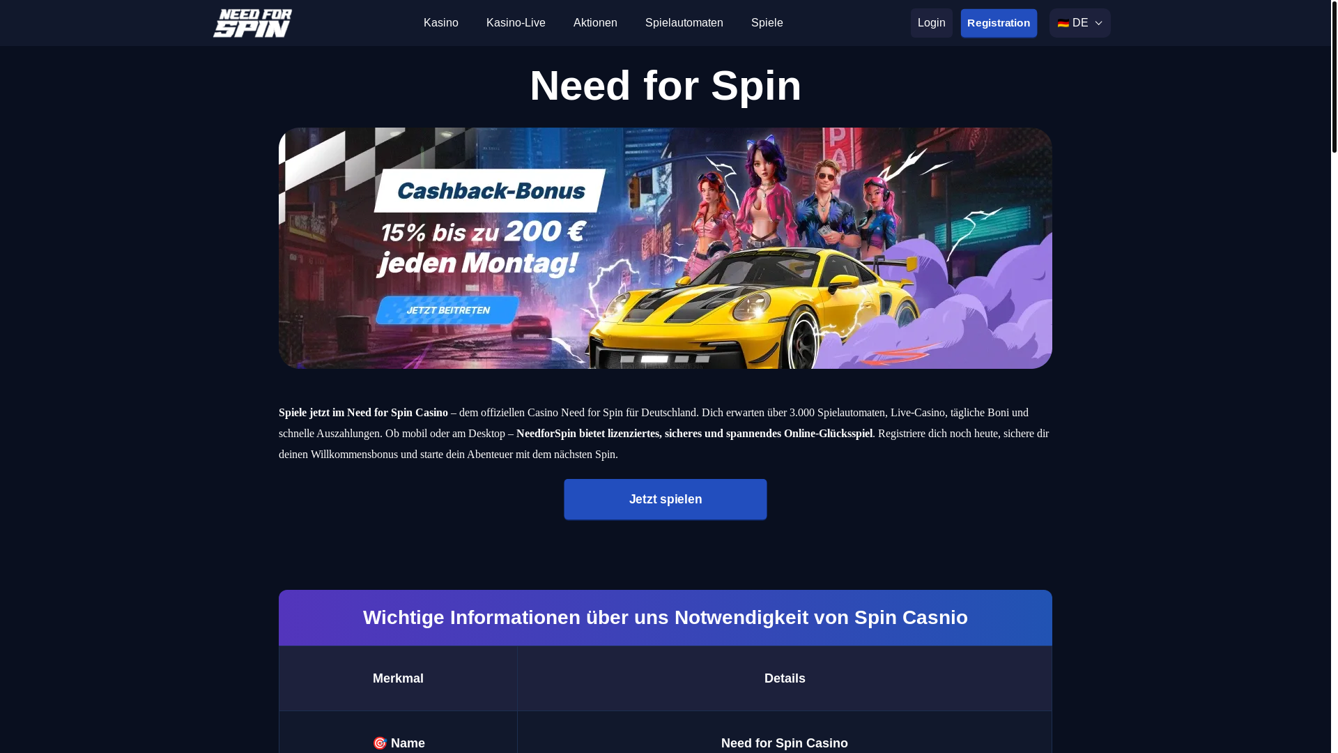 website screenshot of https://needforspincasino.de/