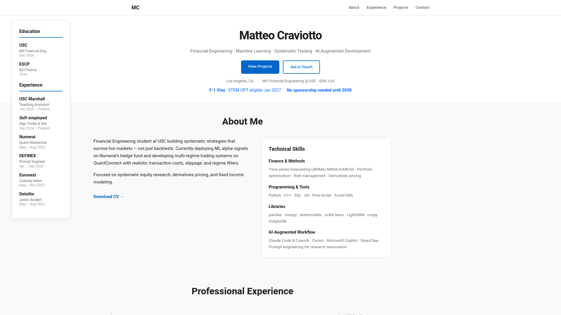 website screenshot of https://matteocraviotto.me
