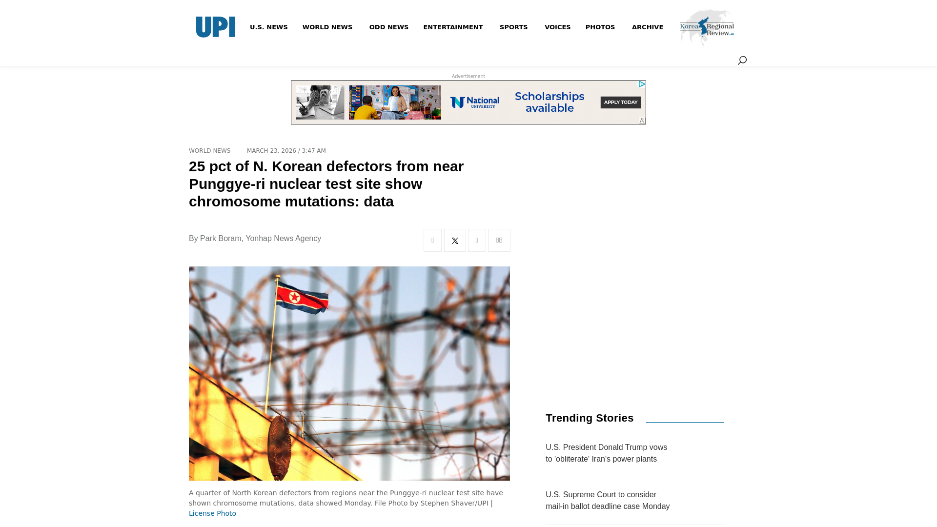 website screenshot of https://www.upi.com/Top_News/World-News/2026/03/23/North-Korea-defectors-25-percent-chromosome-mutations-Punggye-ri-radioactivity/9641774251271/
