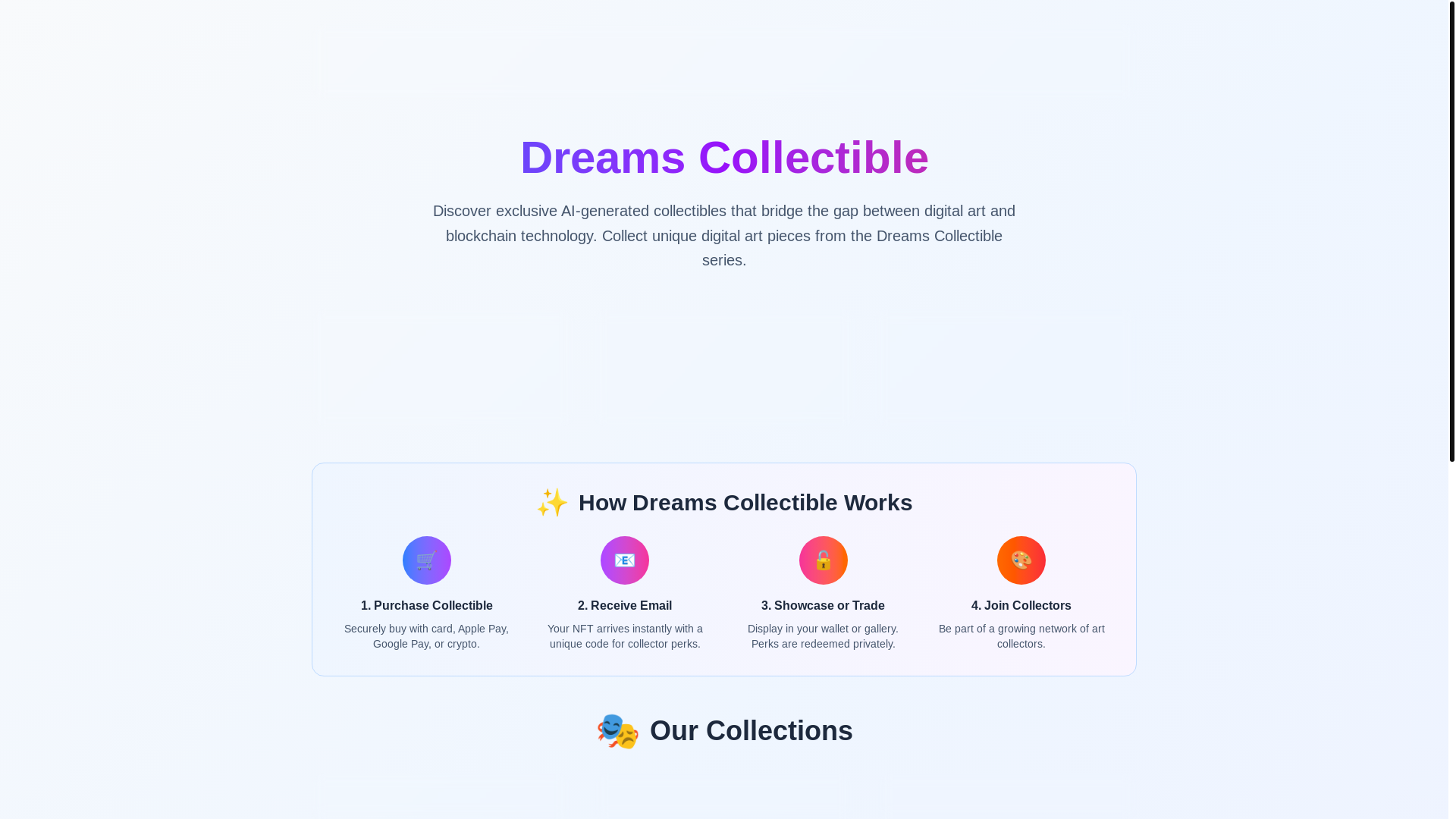 website screenshot of https://dreamscollectible.com/