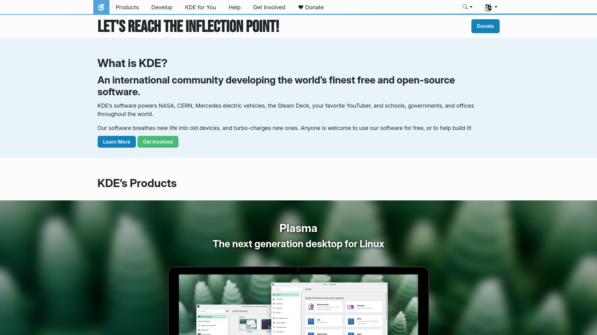 website screenshot of https://kde.org