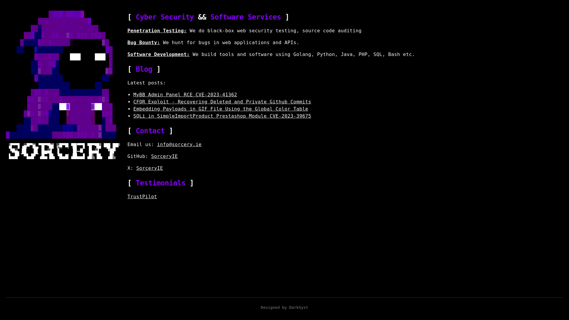 website screenshot of https://sorcery.ie/