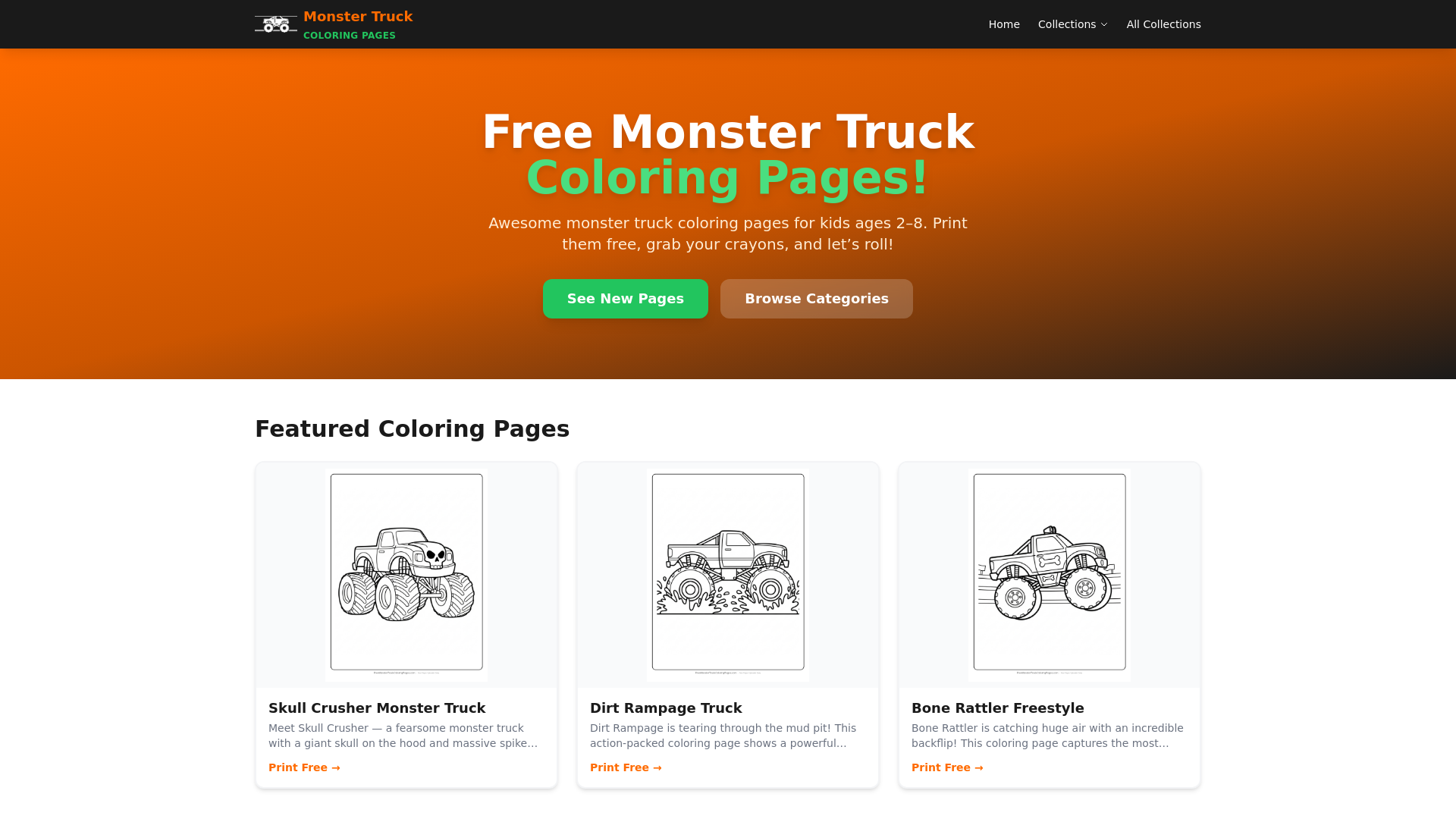 website screenshot of https://freemonstertruckcoloringpages.com