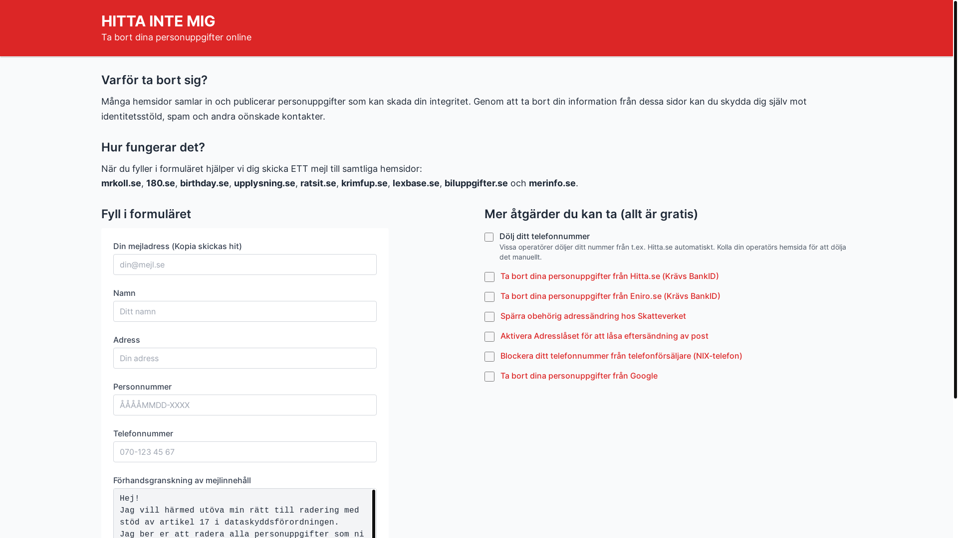 website screenshot of https://hittaintemig.se/