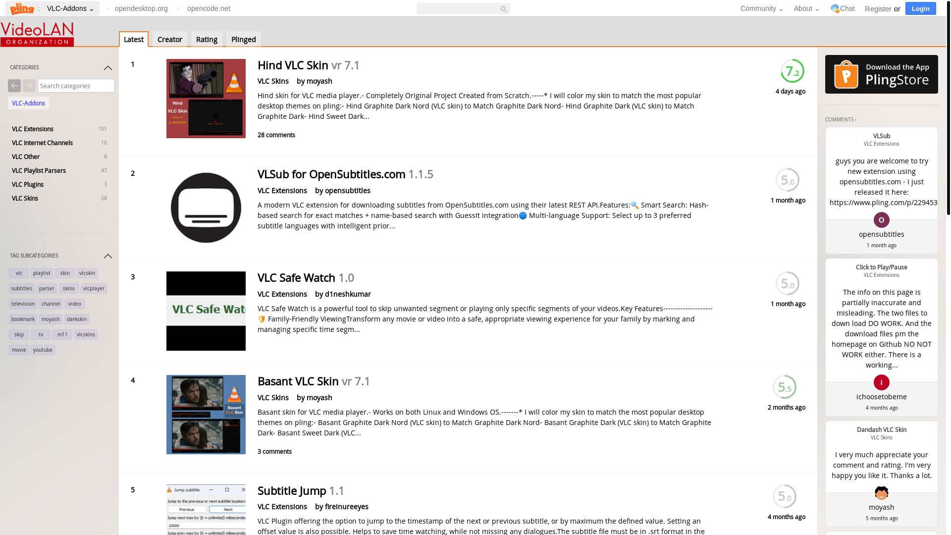 website screenshot of https://addons.videolan.org/
