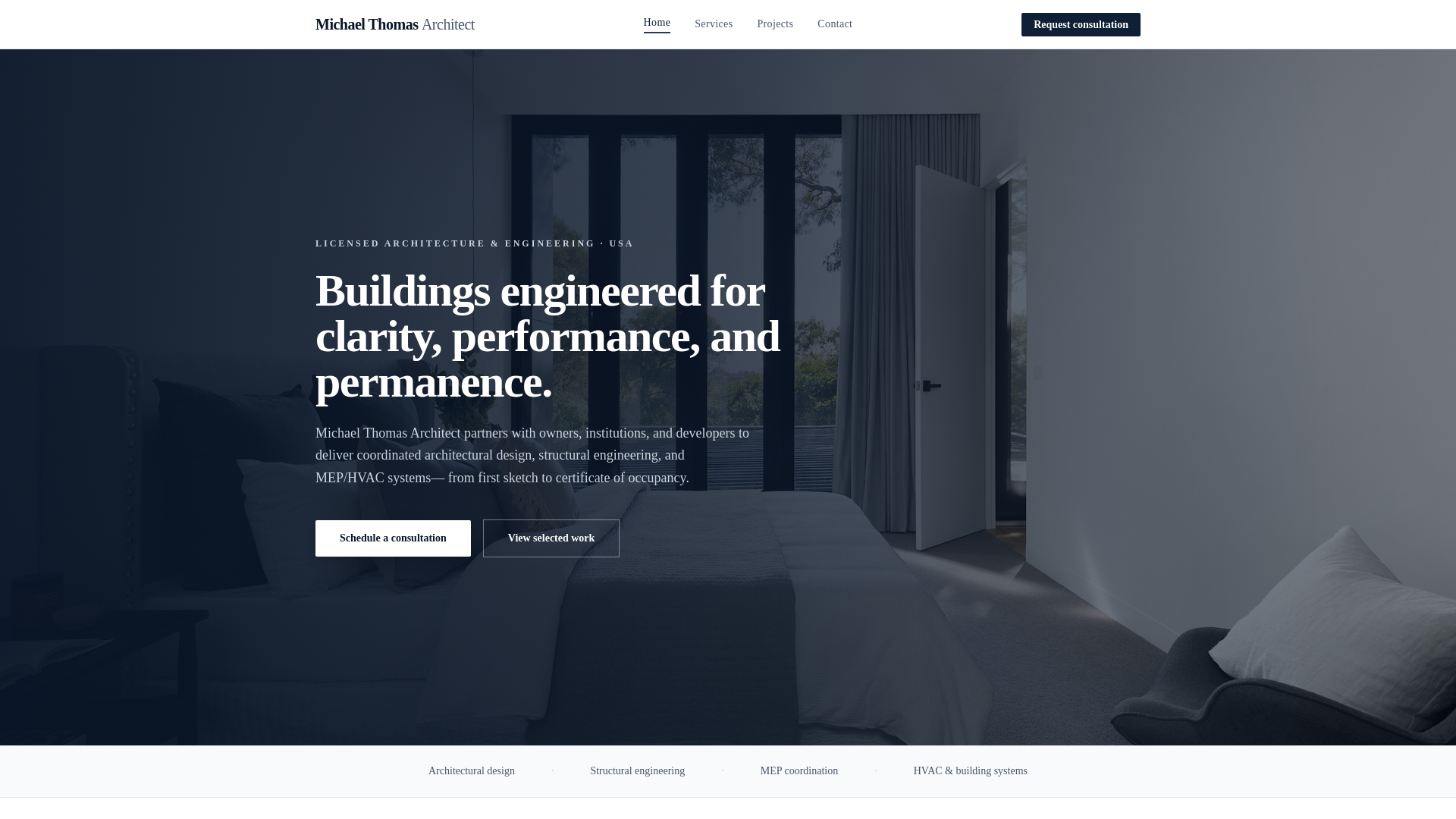 website screenshot of https://michaelthomasarchitect.com