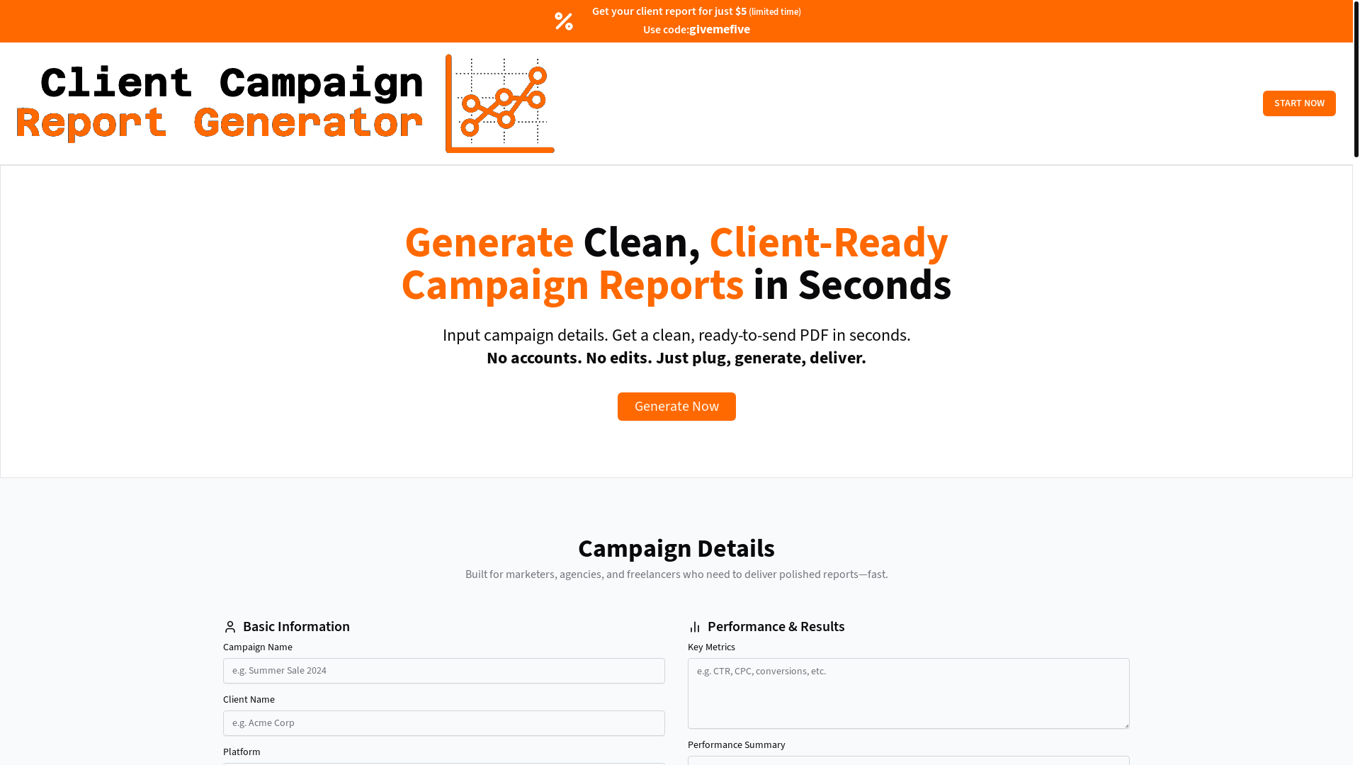 website screenshot of https://client-campaign-report-generator.com/