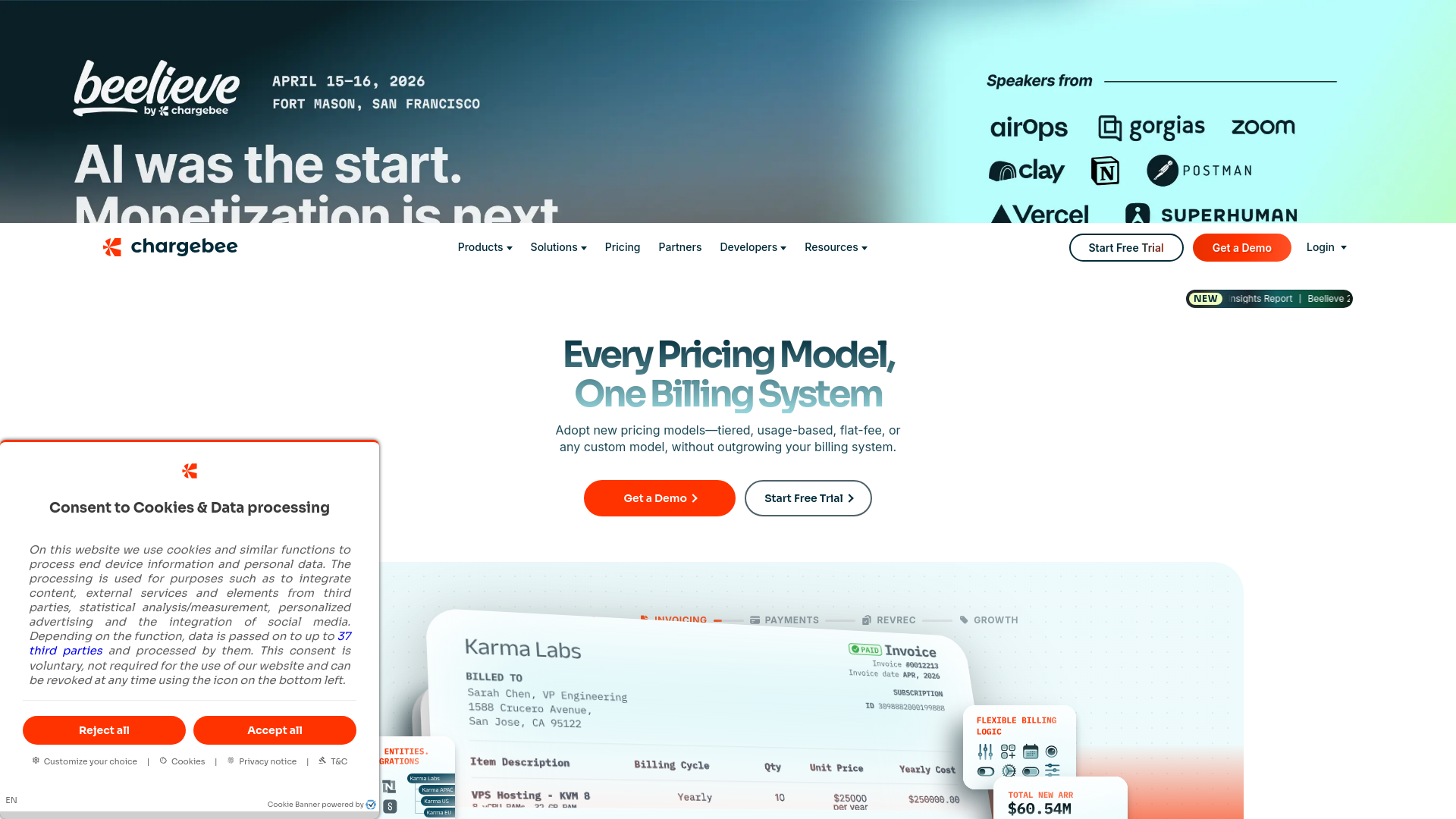 website screenshot of https://chargebee.com