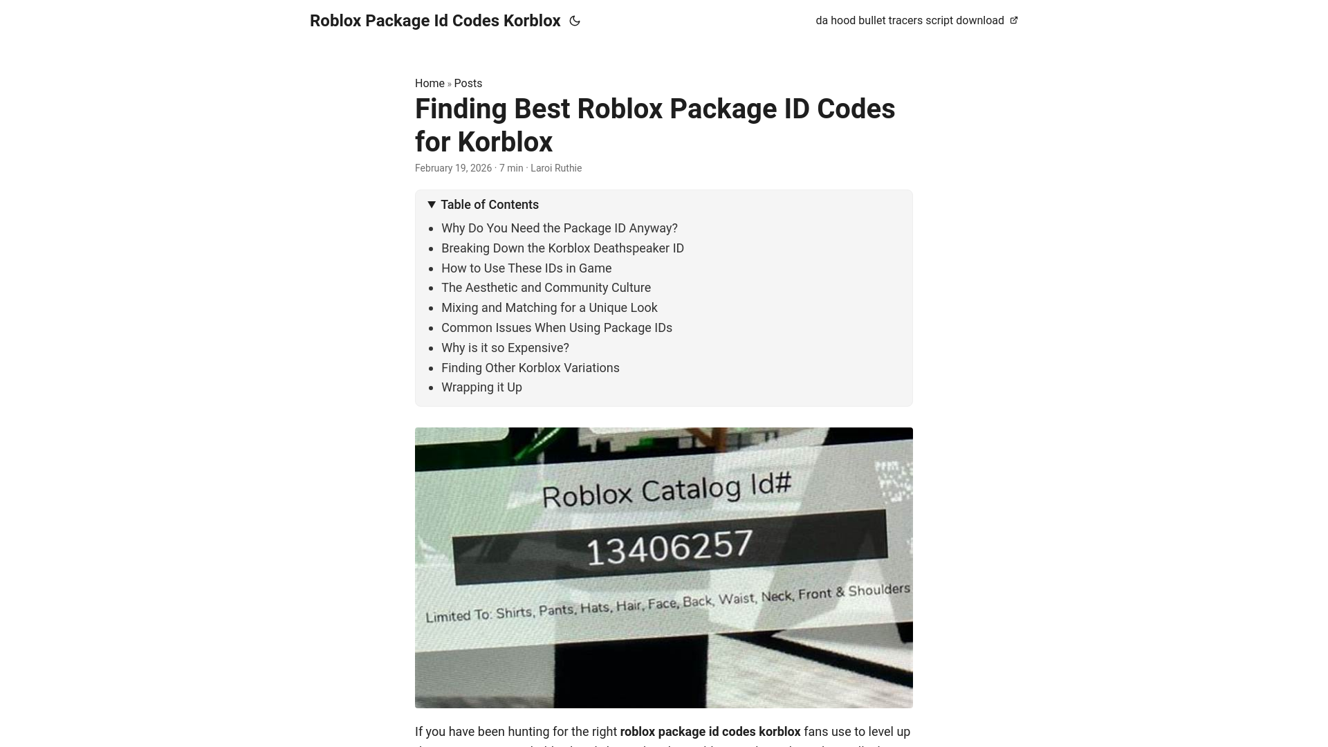 website screenshot of https://roblox-package-id-codes-korblox.pages.dev/