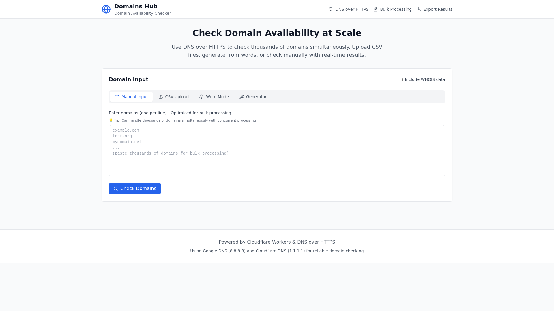website screenshot of https://domains-hub-frontend.pages.dev/