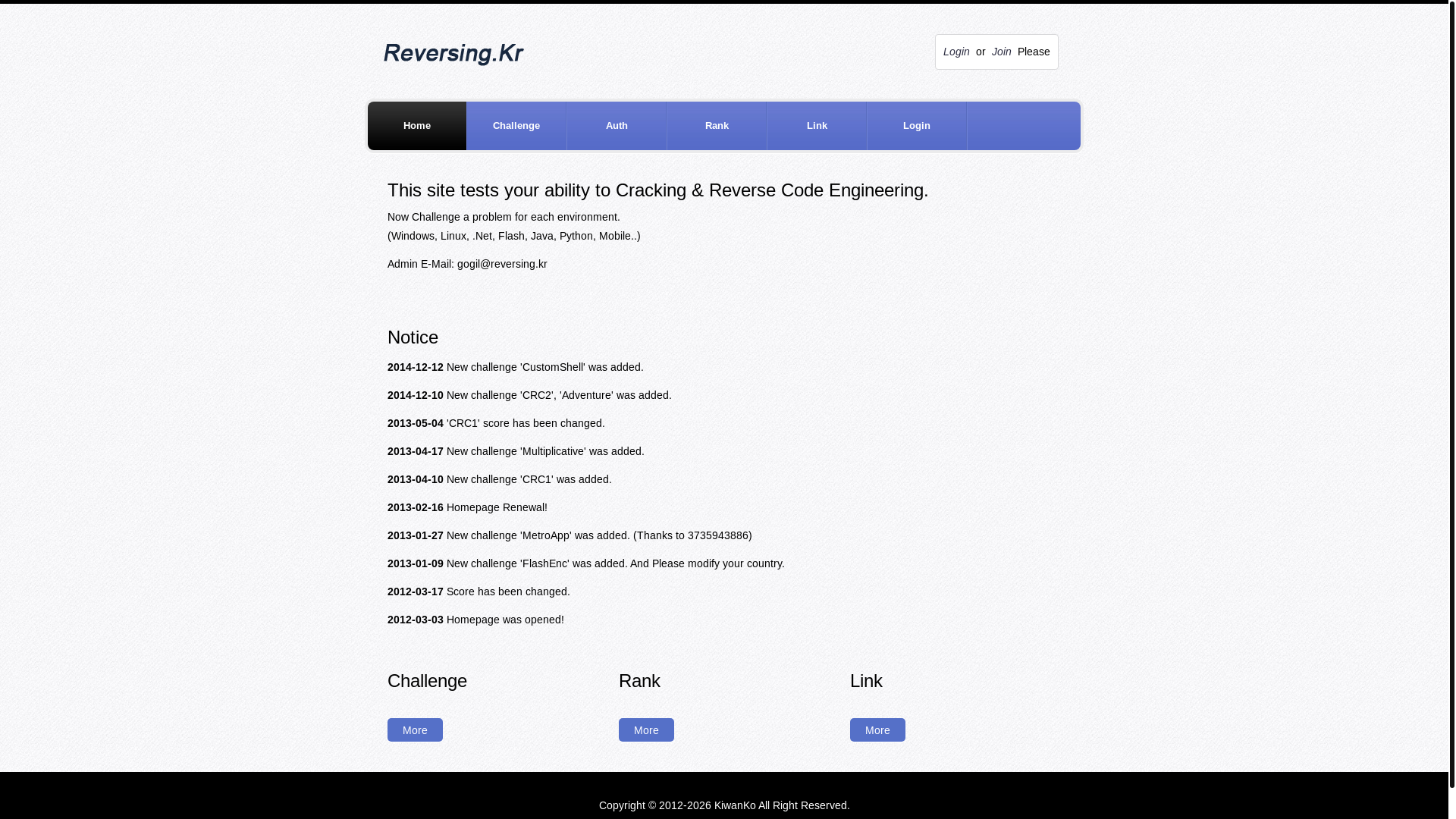 website screenshot of http://reversing.kr/?ckattempt=1