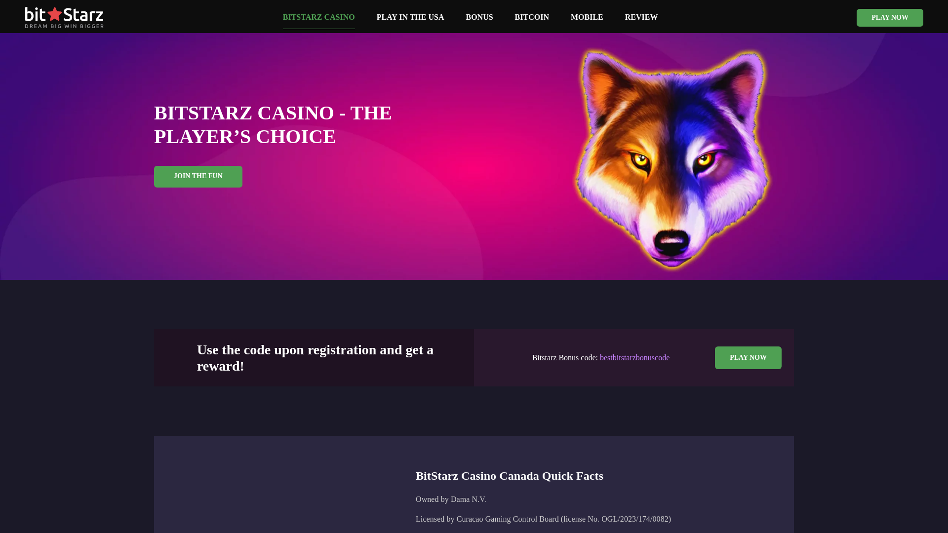 website screenshot of https://bitstarzcasino.org/