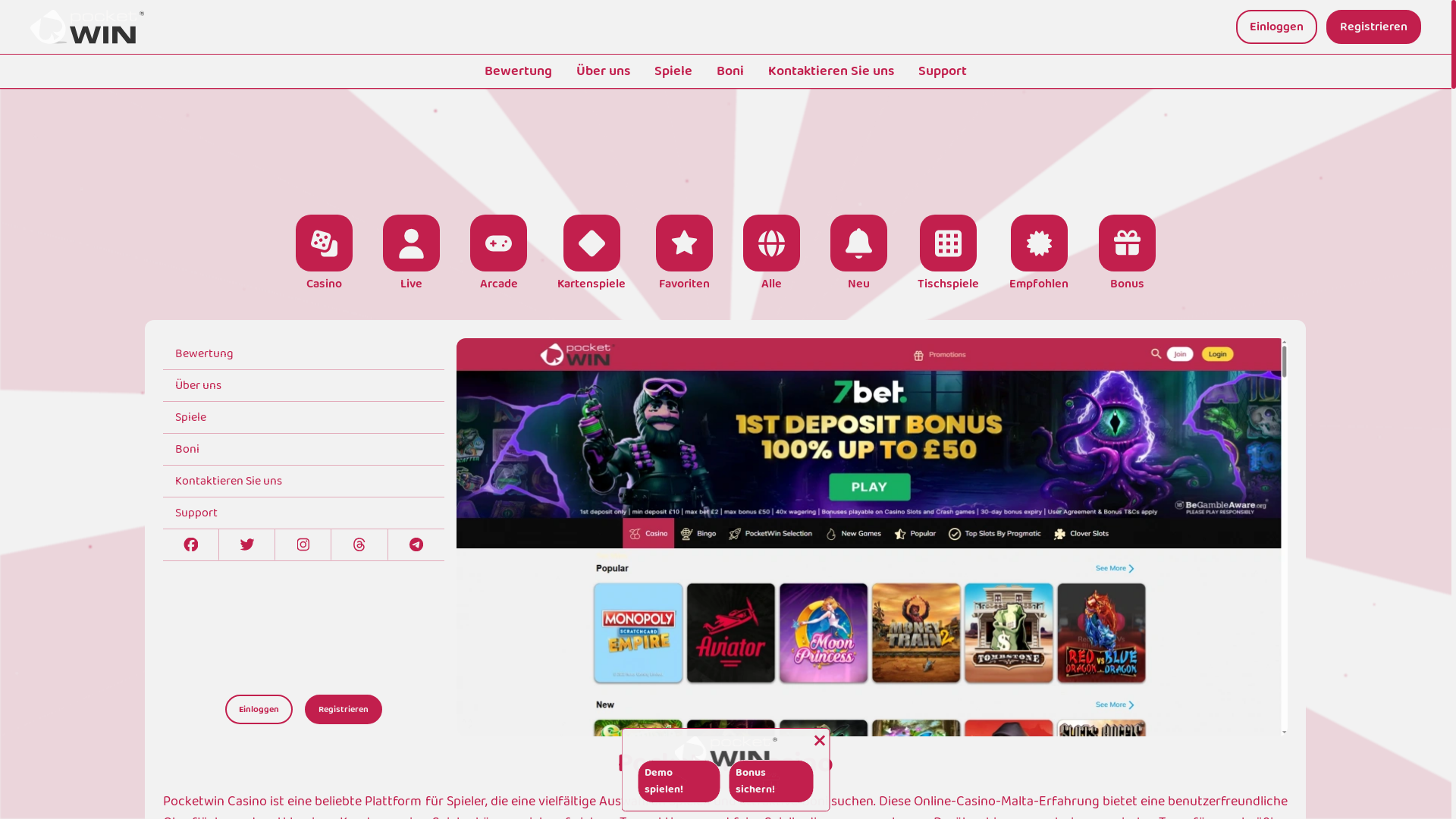 website screenshot of https://pocketwin-casino.de/