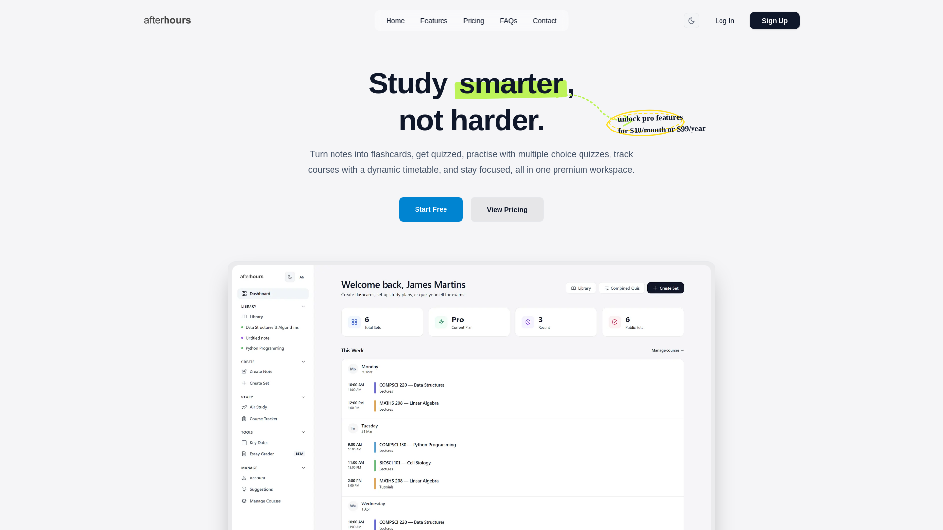website screenshot of https://afterhours.study
