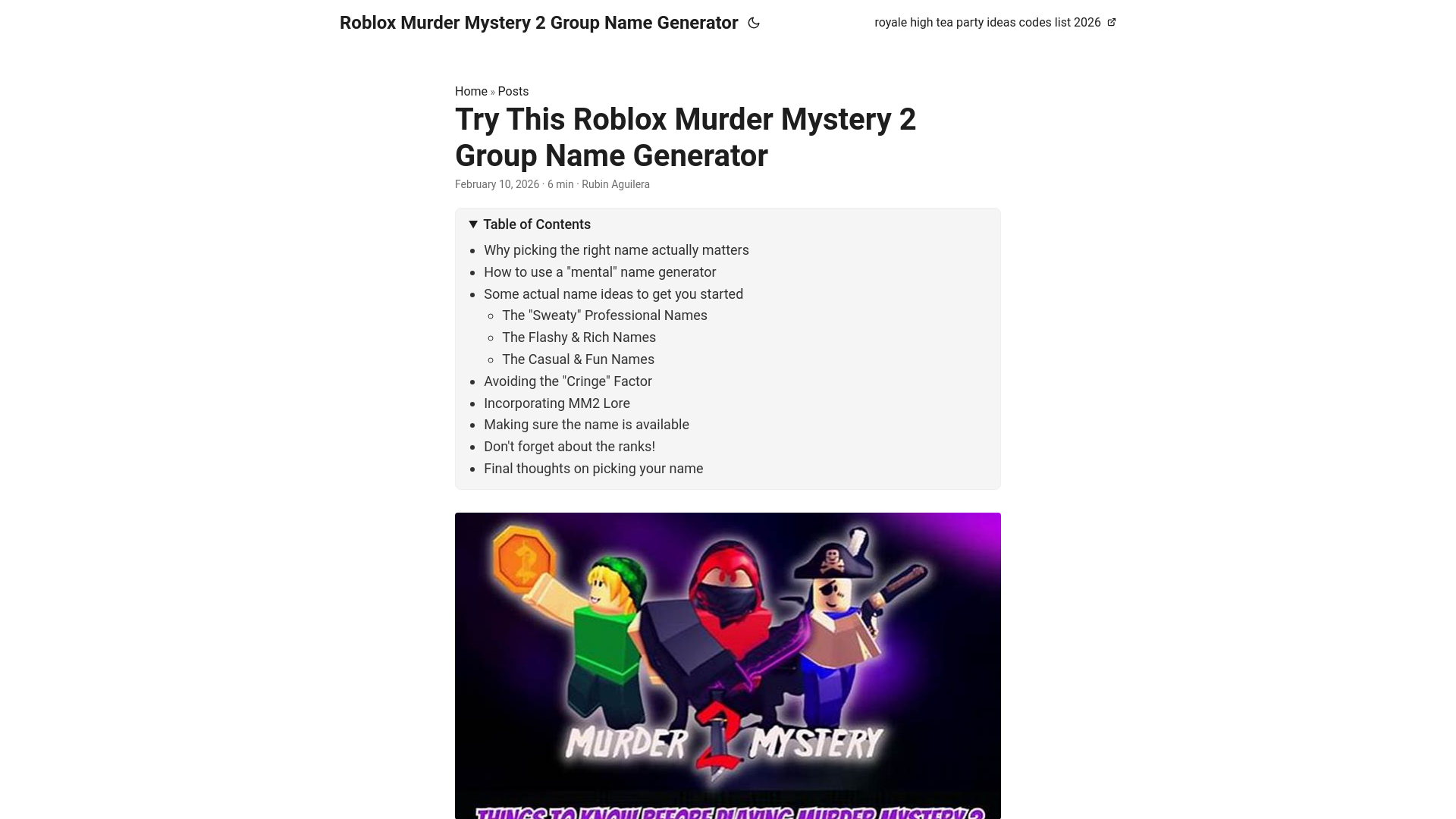 website screenshot of https://roblox-murder-mystery-2-group-name-generator.pages.dev/