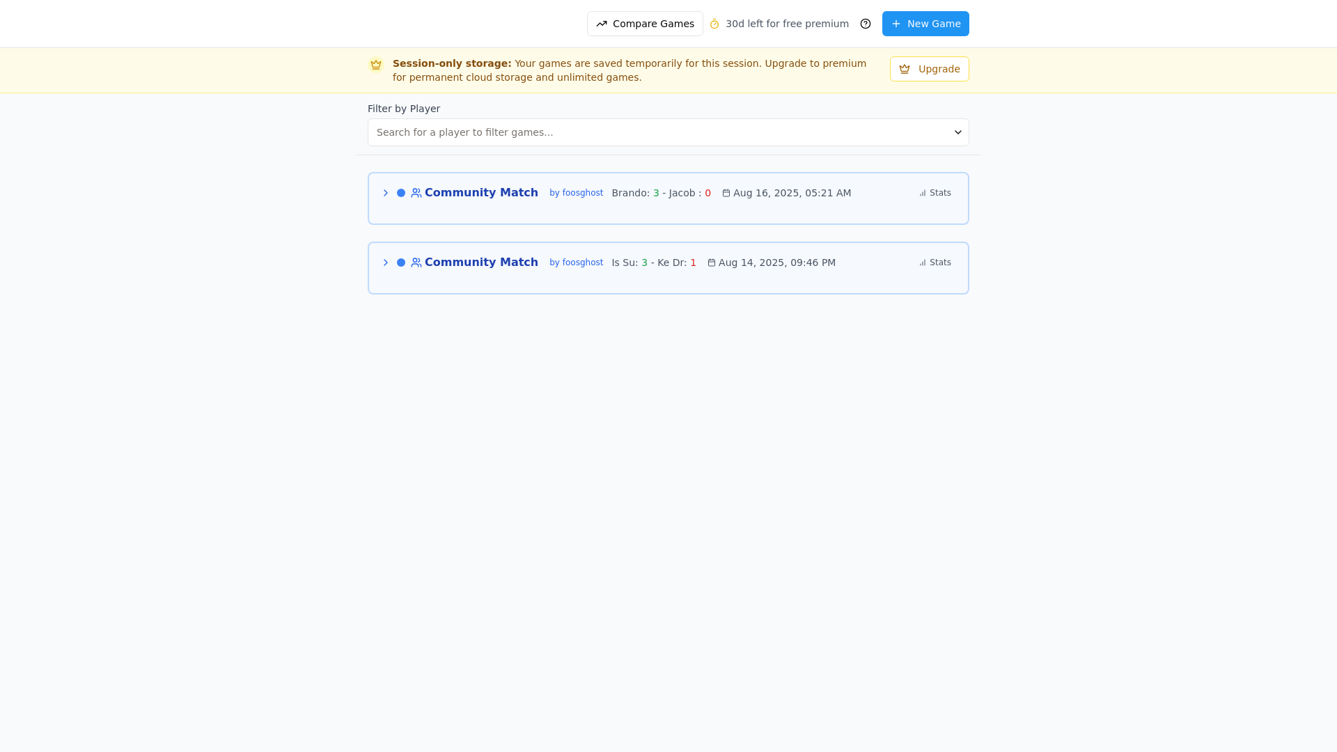 website screenshot of https://foos-tracker.com/