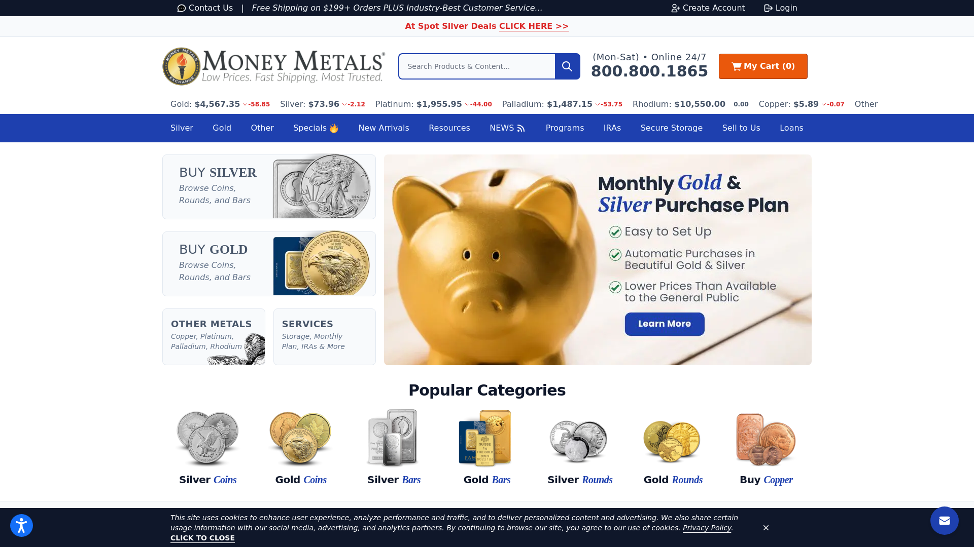 website screenshot of https://www.moneymetals.com