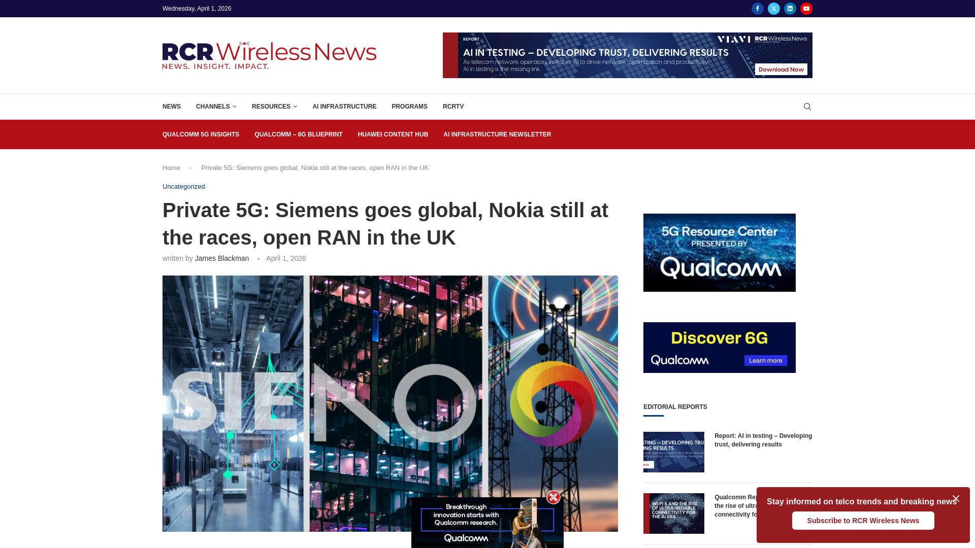 website screenshot of https://www.rcrwireless.com/20260401/uncategorized/siemens-nokia-open-ran-private-5g