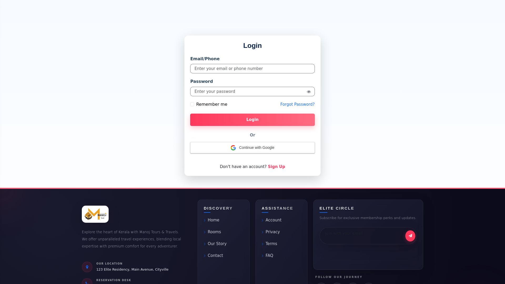 website screenshot of https://manojtourstravelskerala.in/