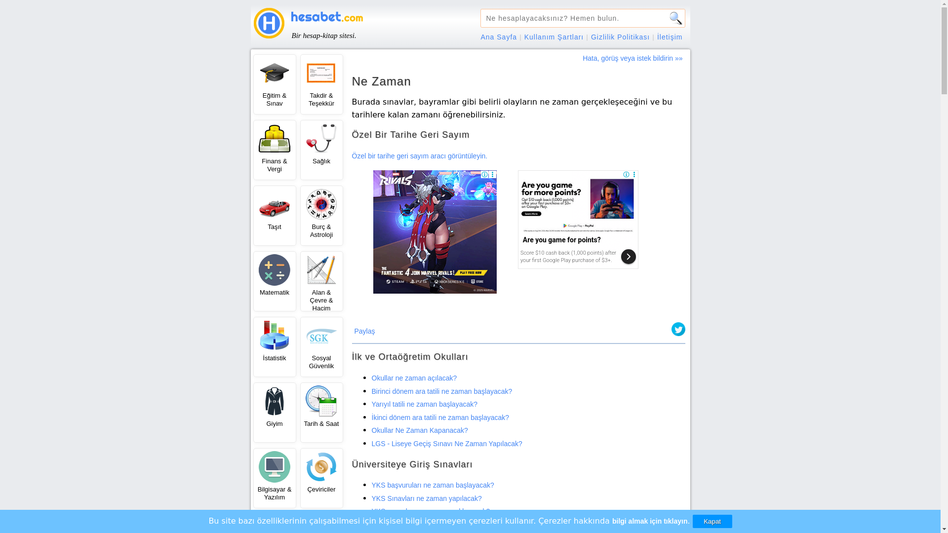 website screenshot of https://ne-zaman.hesabet.com/