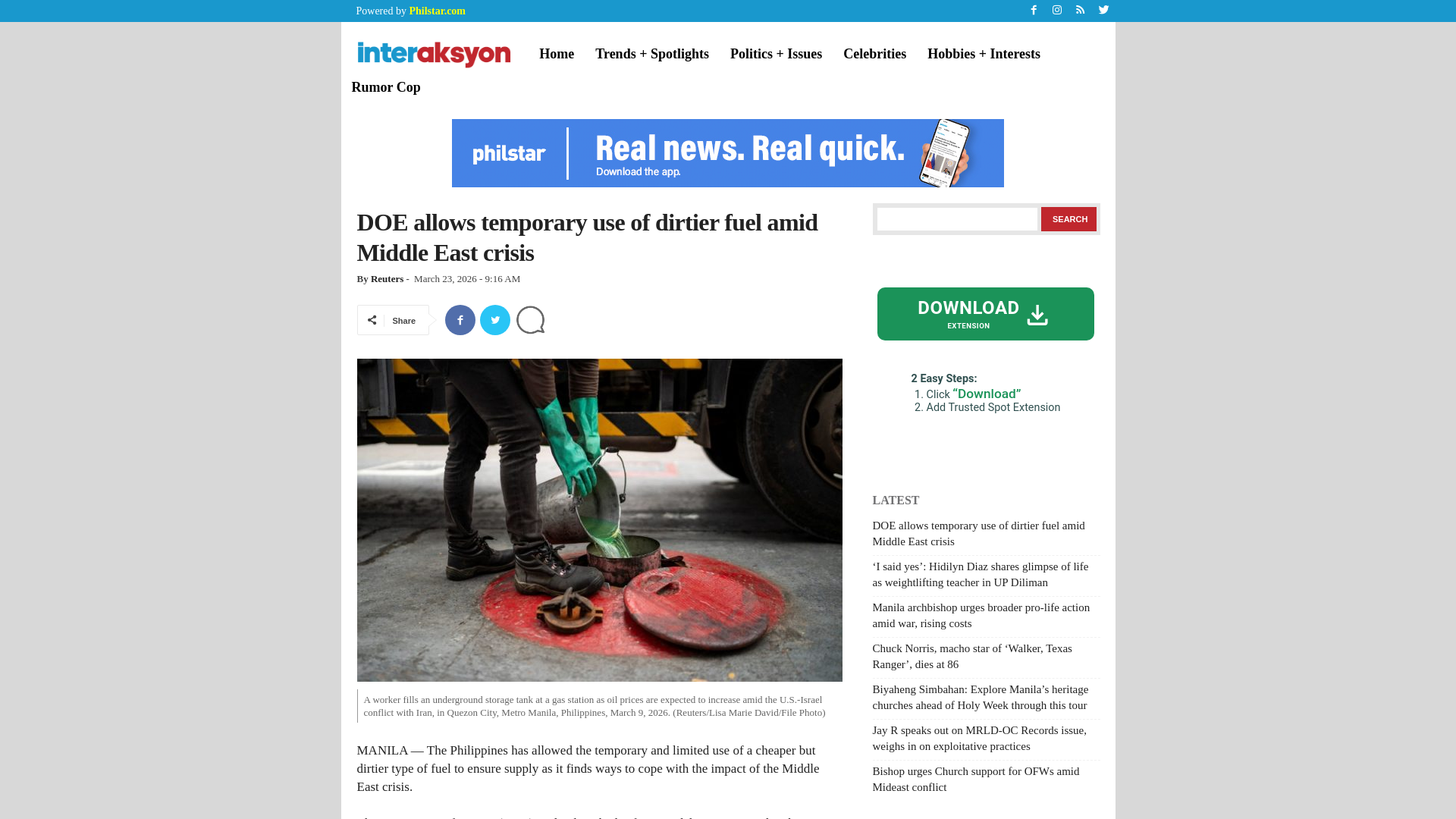 website screenshot of https://interaksyon.philstar.com/politics-issues/2026/03/23/310866/doe-allows-temporary-use-of-dirtier-fuel-amid-middle-east-crisis/