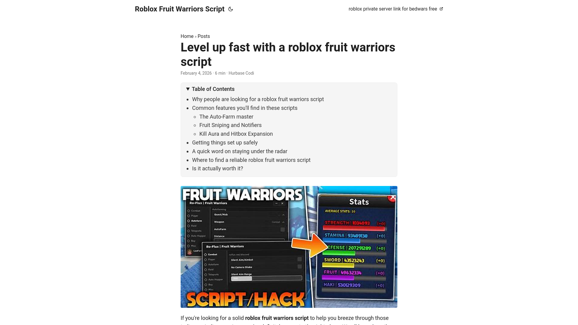 website screenshot of https://roblox-fruit-warriors-script.pages.dev/