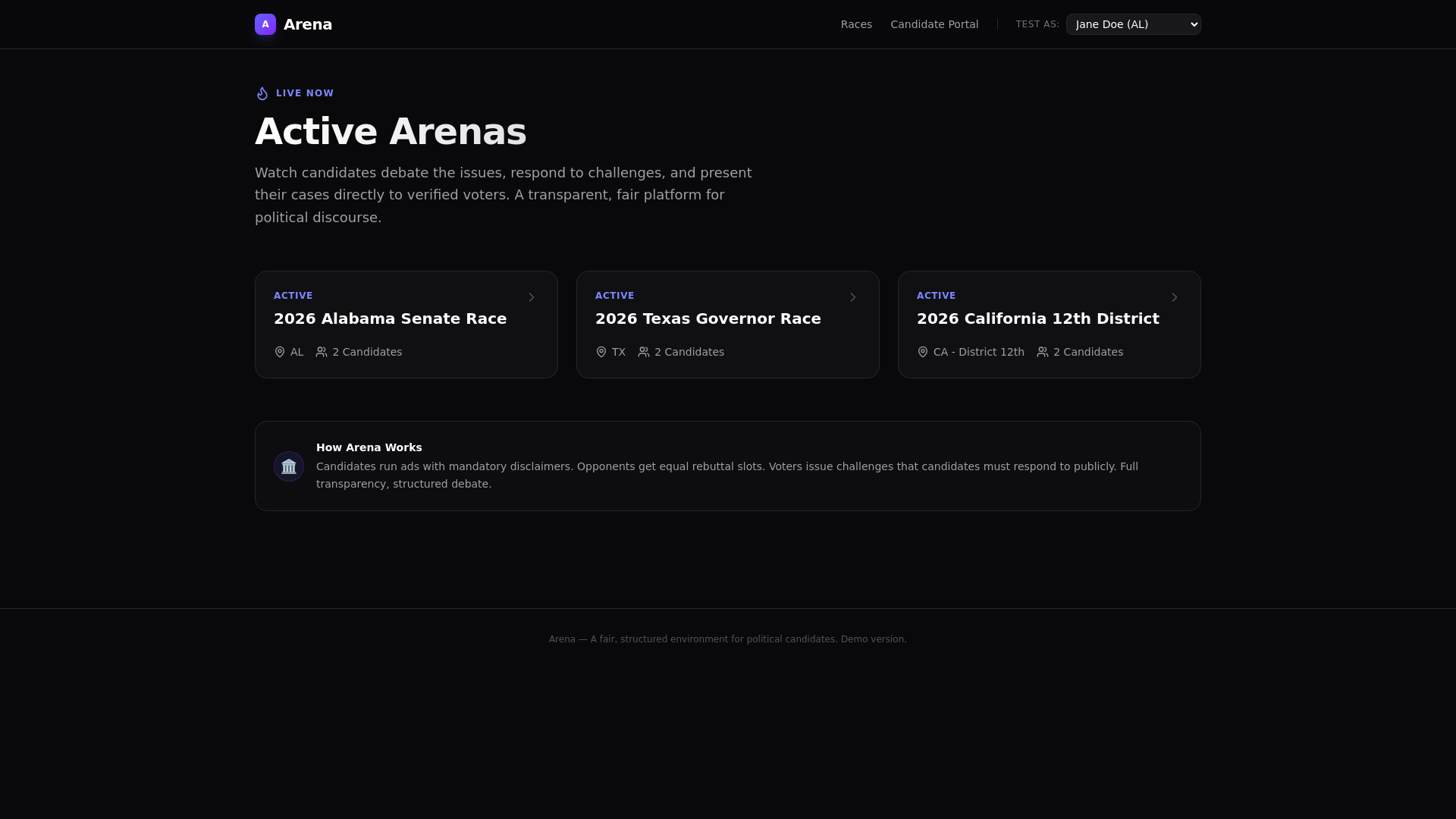 website screenshot of https://political-arena.pages.dev/