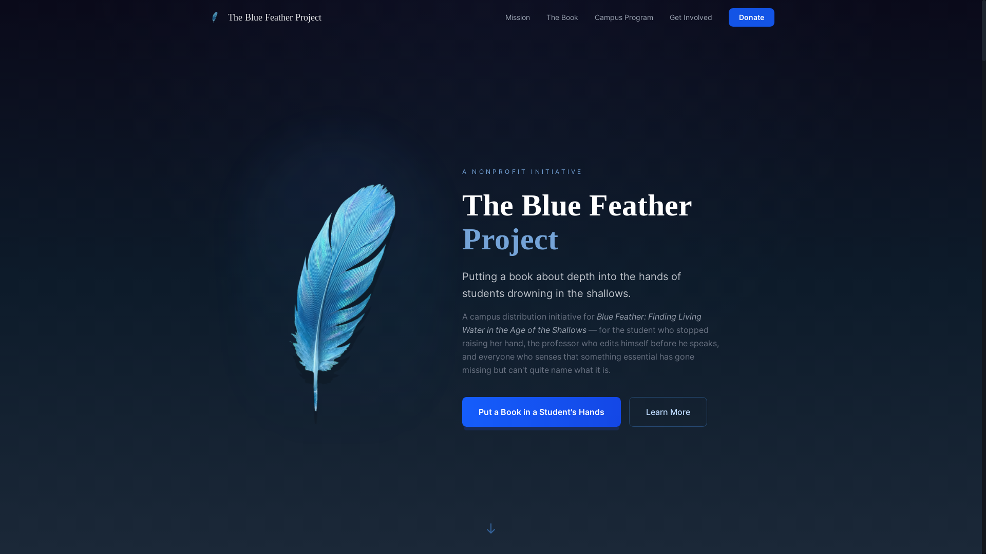 website screenshot of https://bluefeatherproject.org/