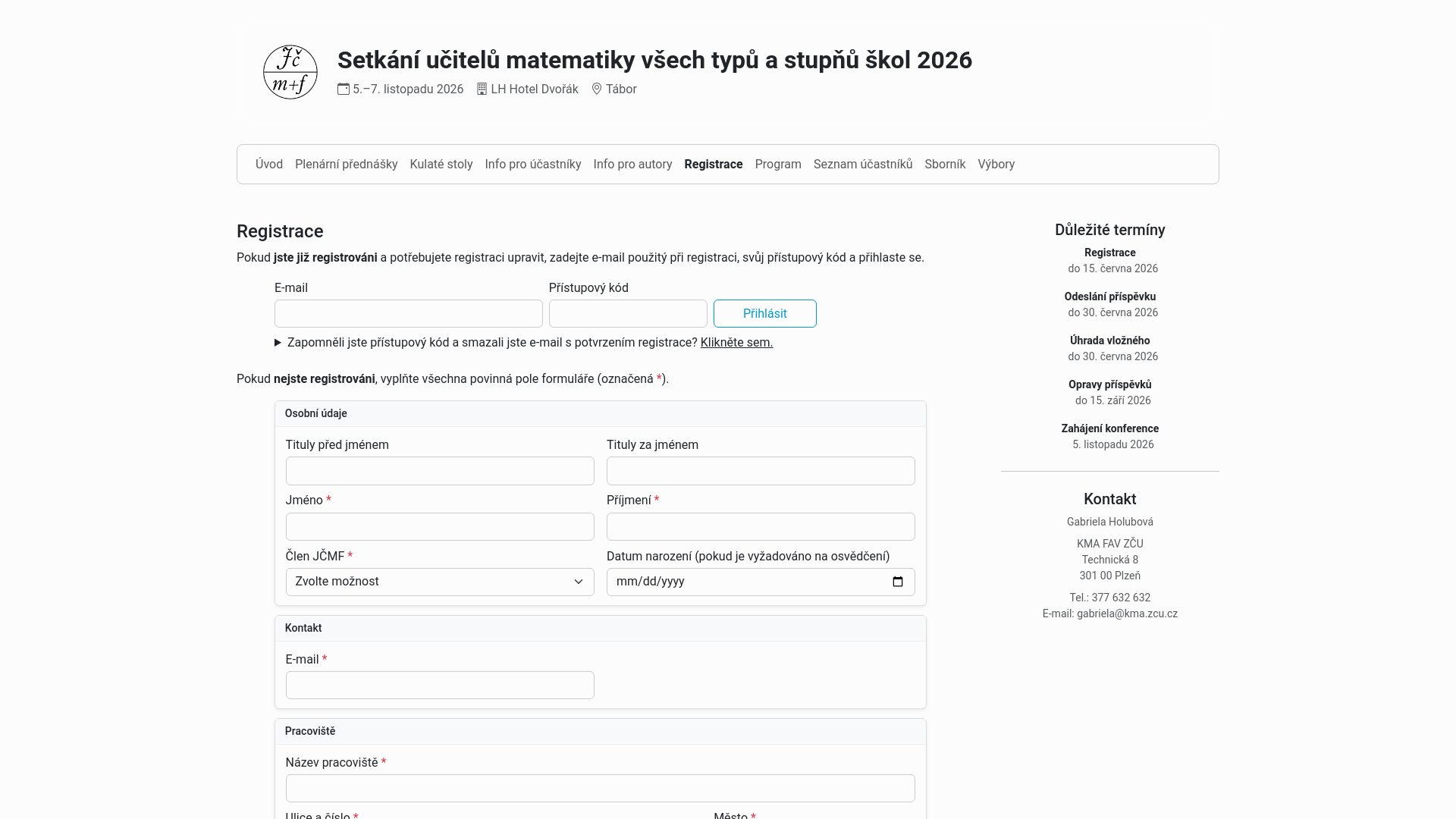 website screenshot of https://jcmf.zcu.cz/konference/setkani2026/registrace