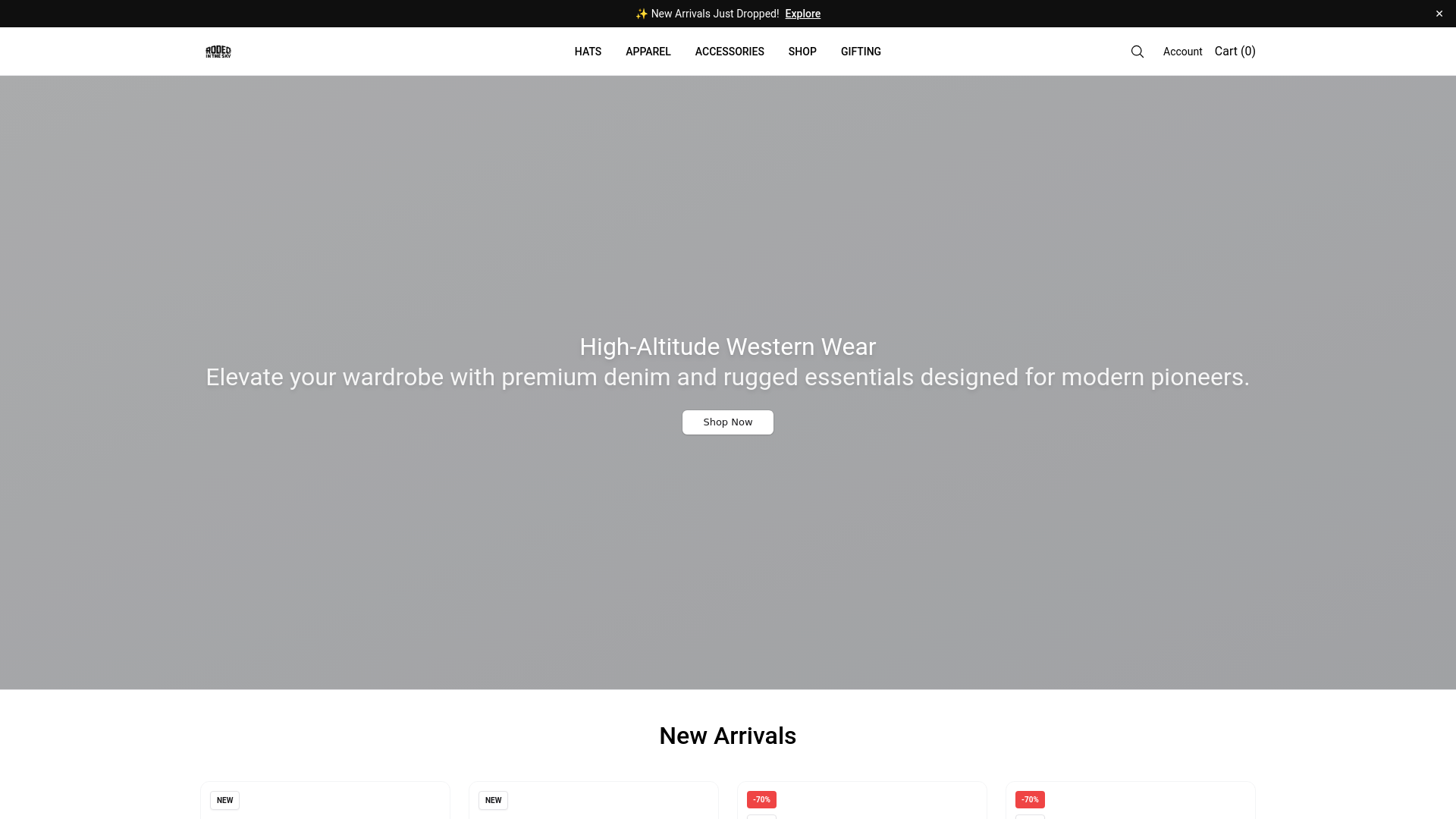 website screenshot of https://therodeointhesky.shop/