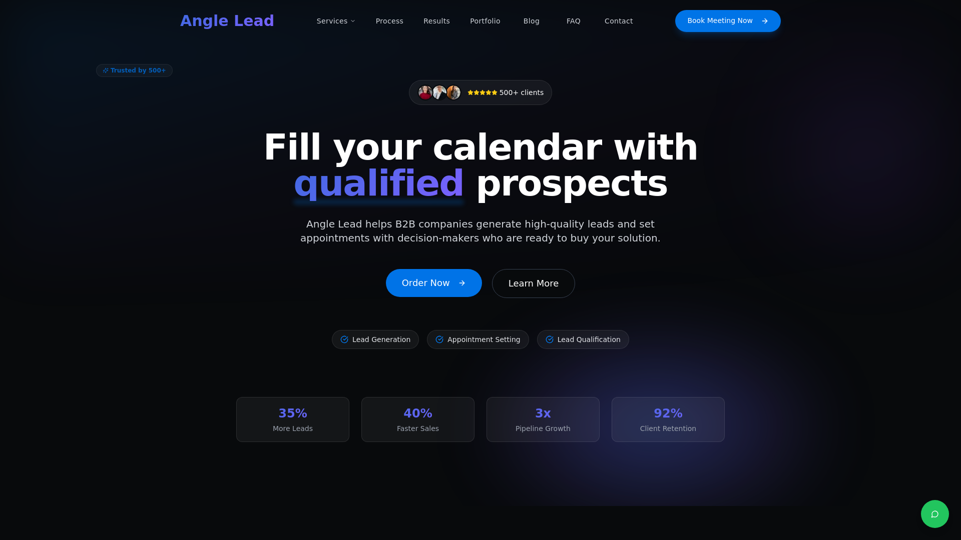 website screenshot of https://meetanglelead.com