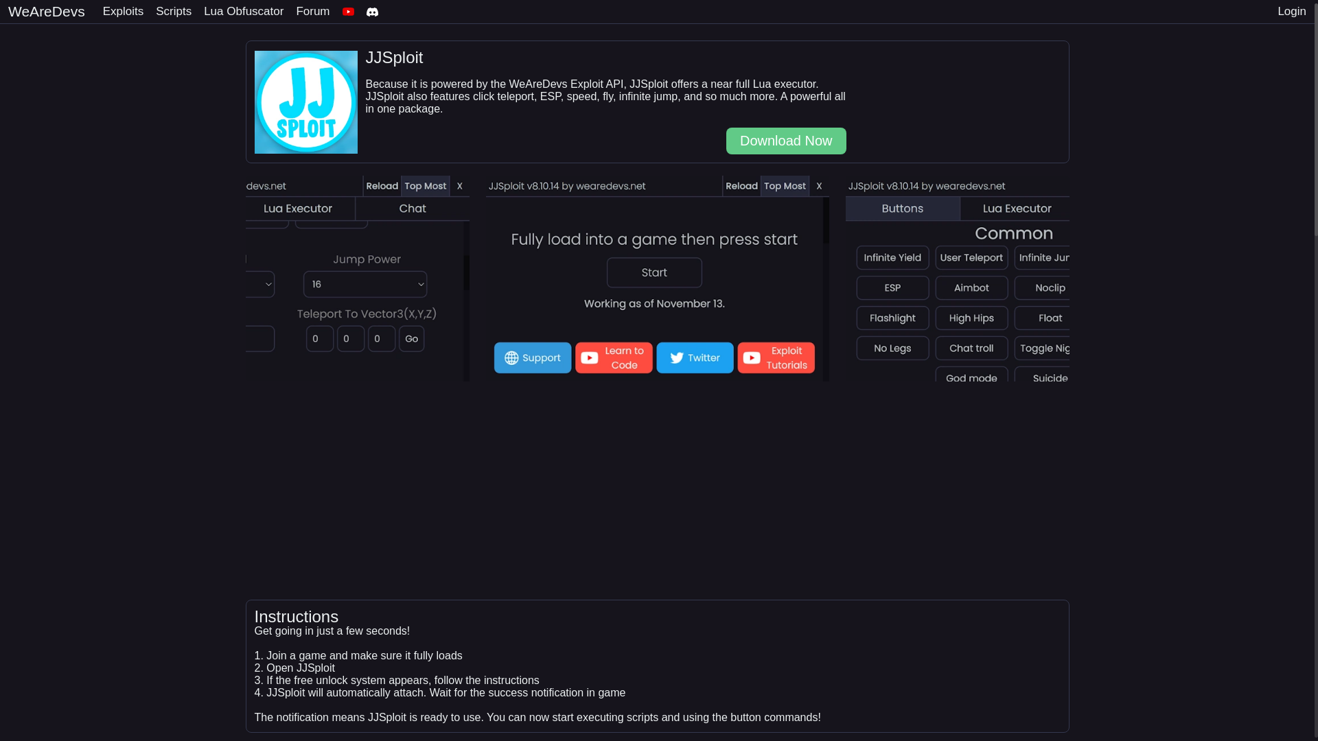 website screenshot of https://wearedevs.net/d/JJSploit
