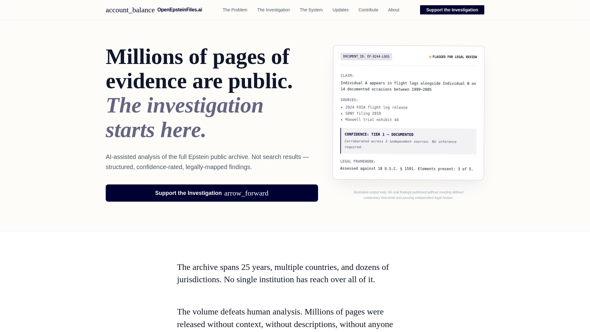 website screenshot of https://openepsteinfiles.ai/