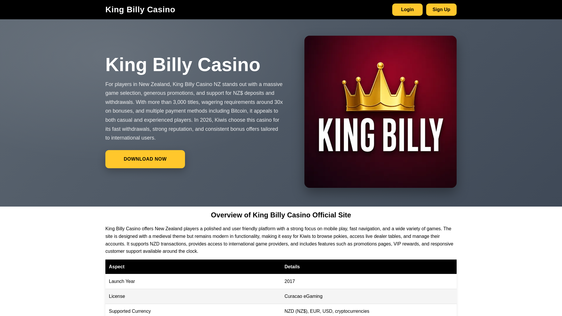 website screenshot of https://kingbillycasinosnz.com/