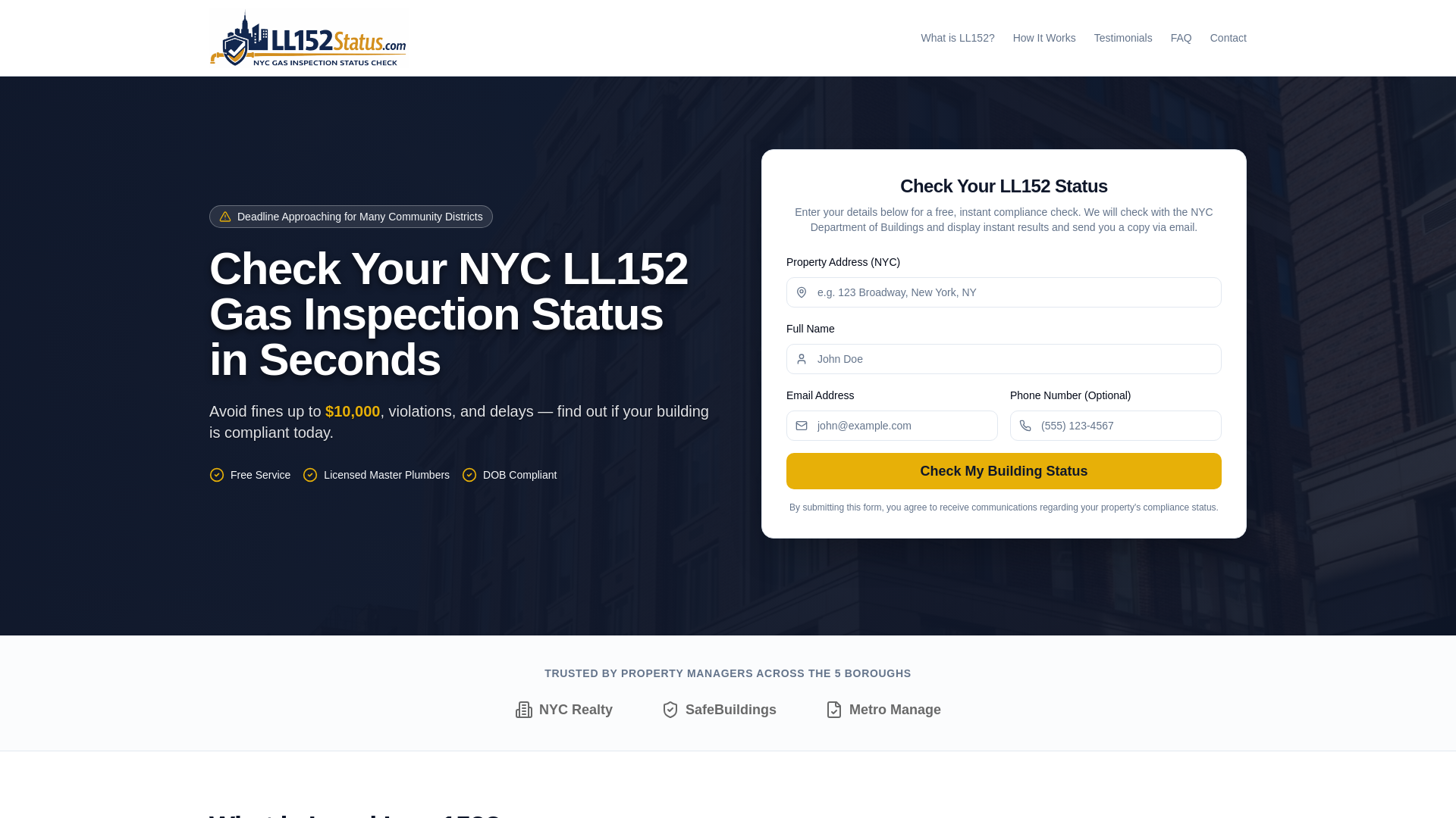website screenshot of https://ll152status.com