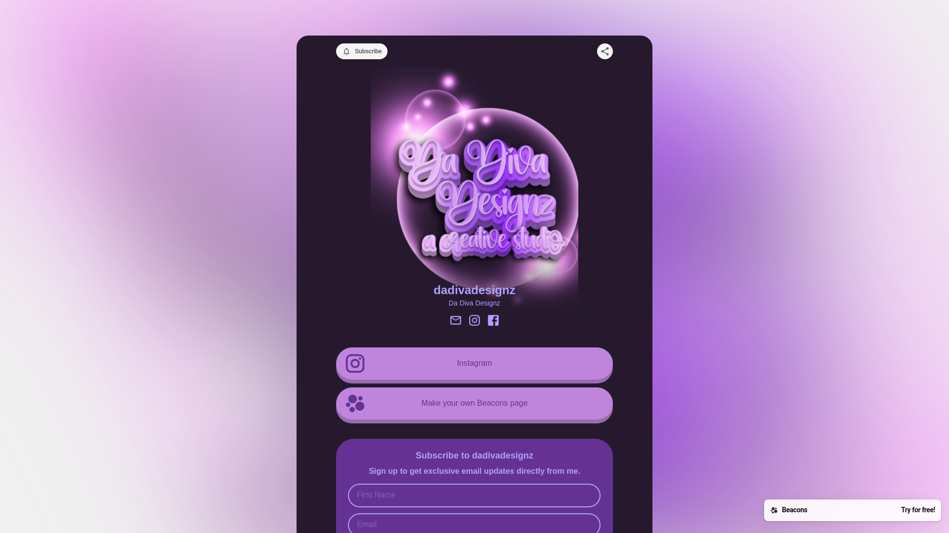 website screenshot of https://dadivadesignz.store/