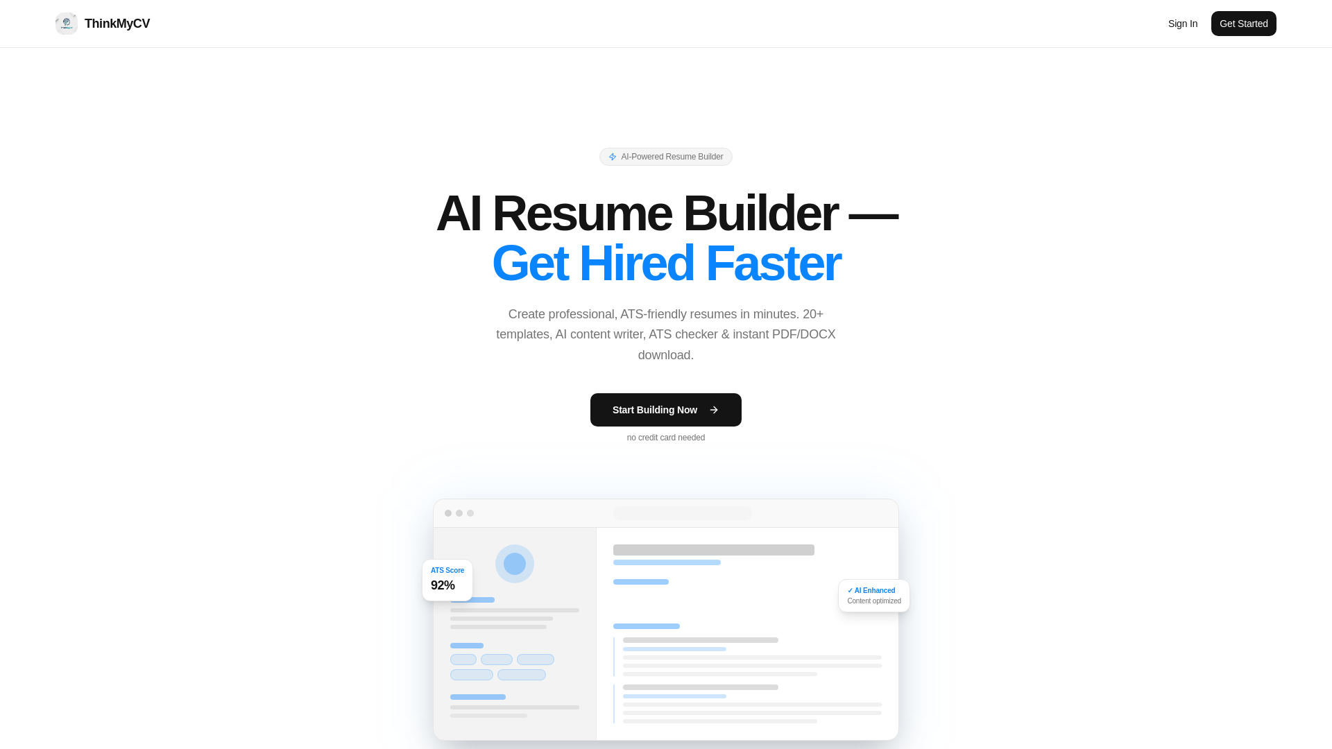 website screenshot of https://thinkmycv.com/