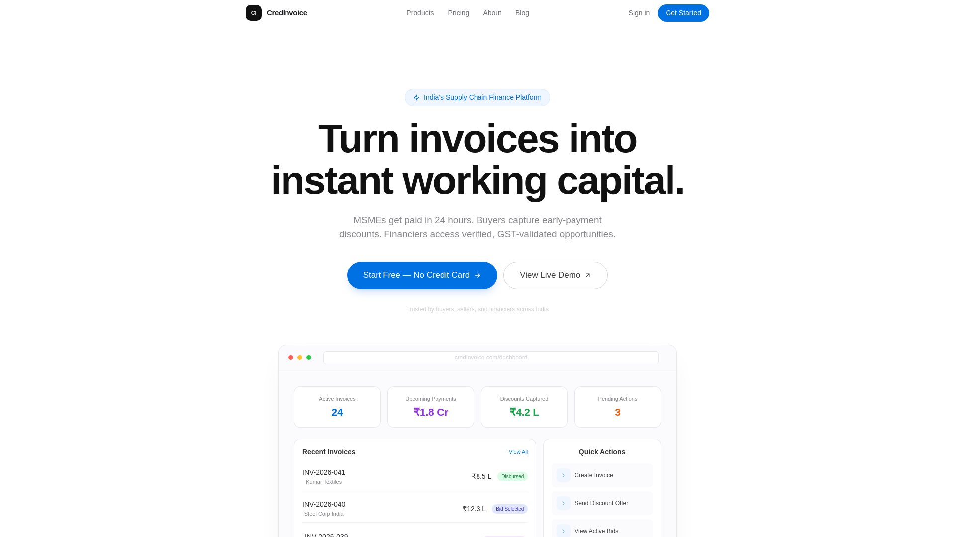 website screenshot of https://credinvoice.in/