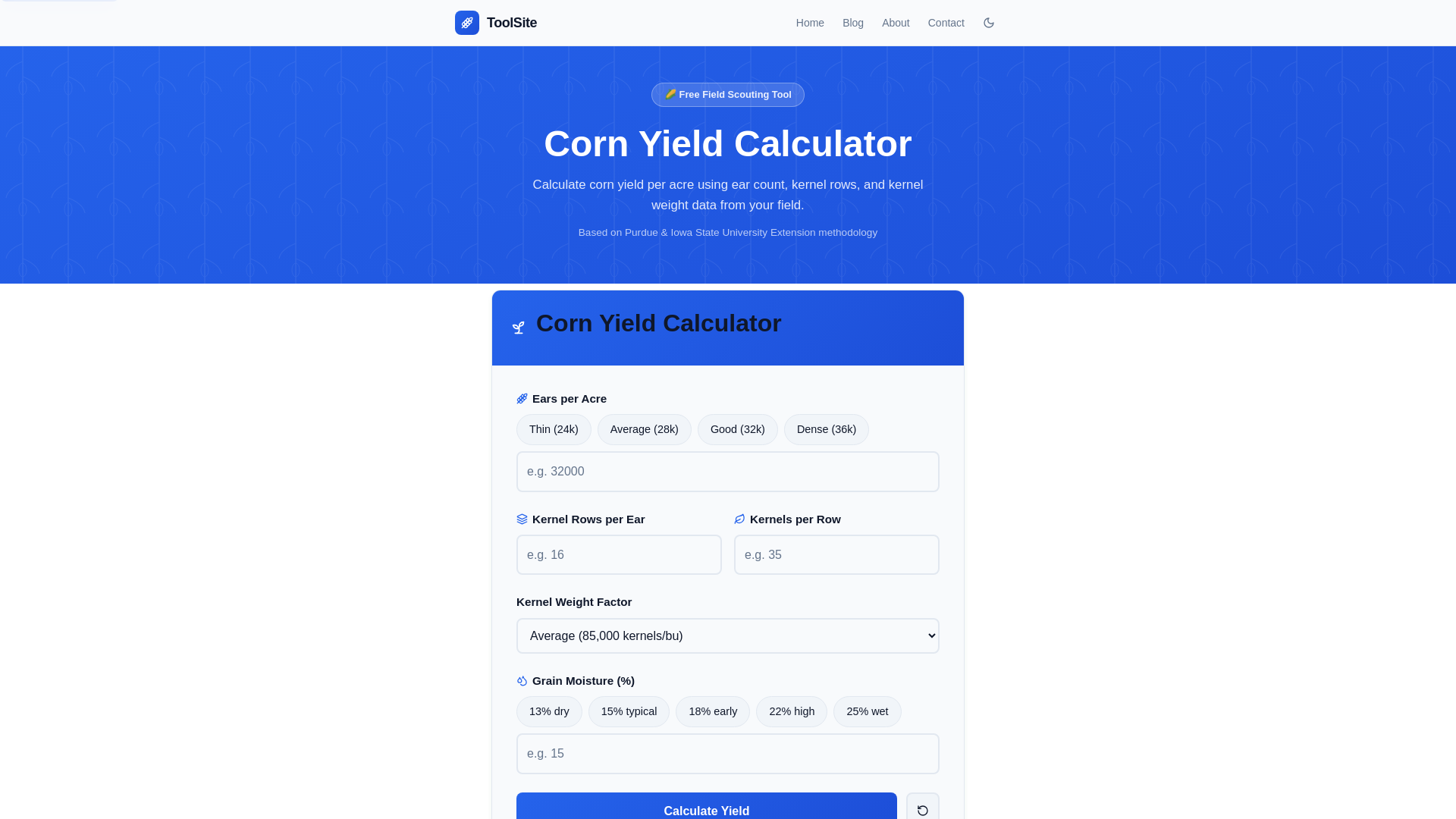 website screenshot of https://cornyieldcalculator.pages.dev/