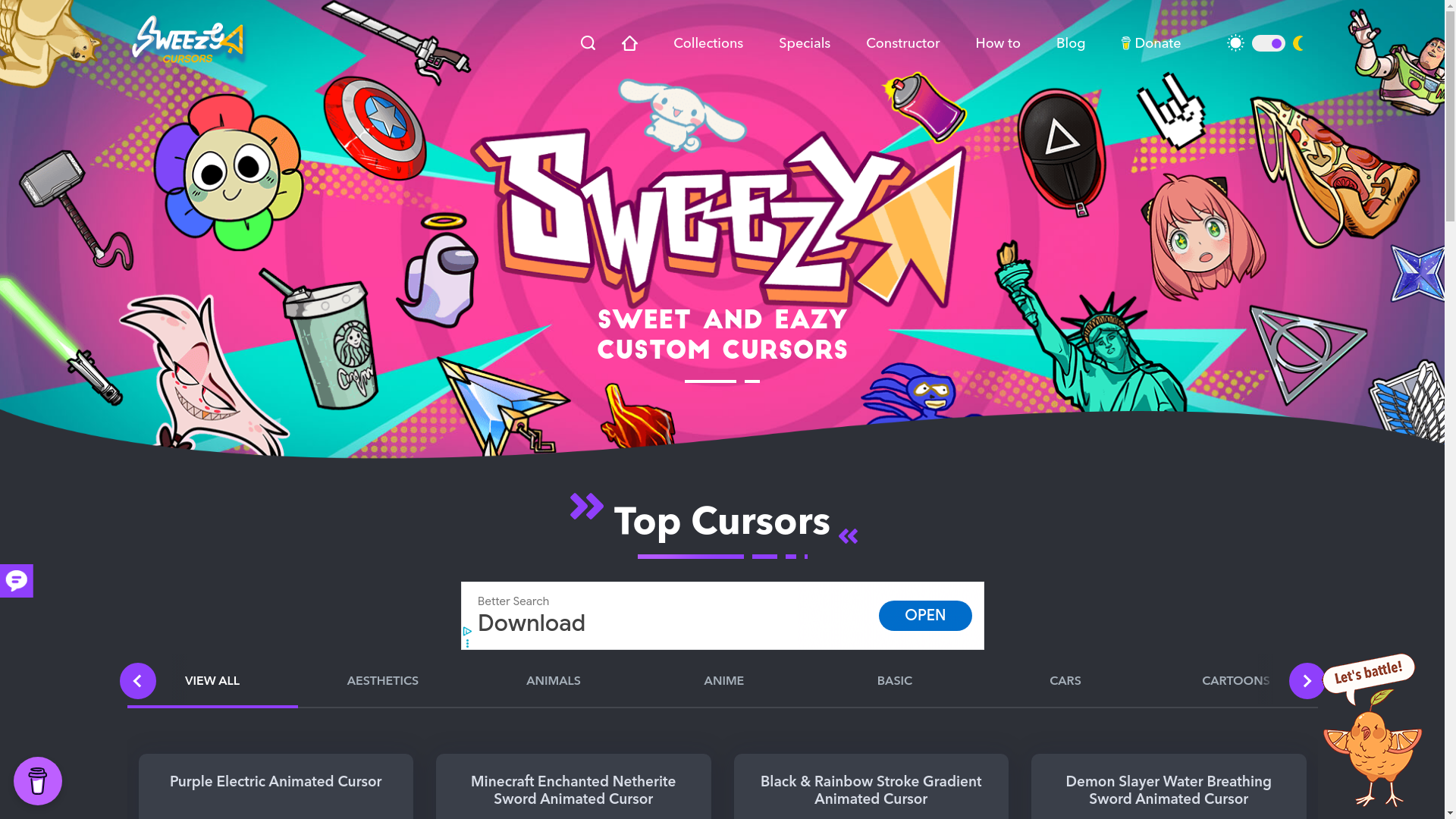 website screenshot of https://sweezy-cursors.com/