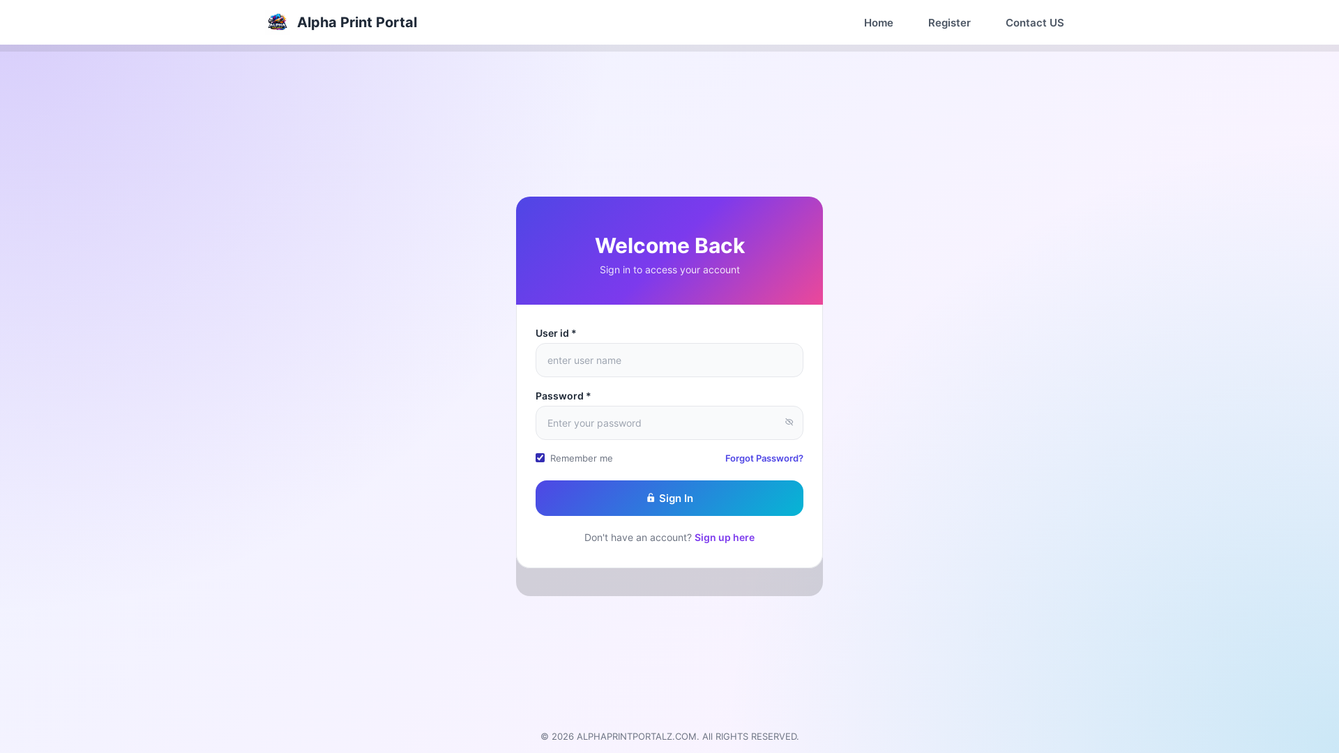website screenshot of https://alphaprintportalz.com/