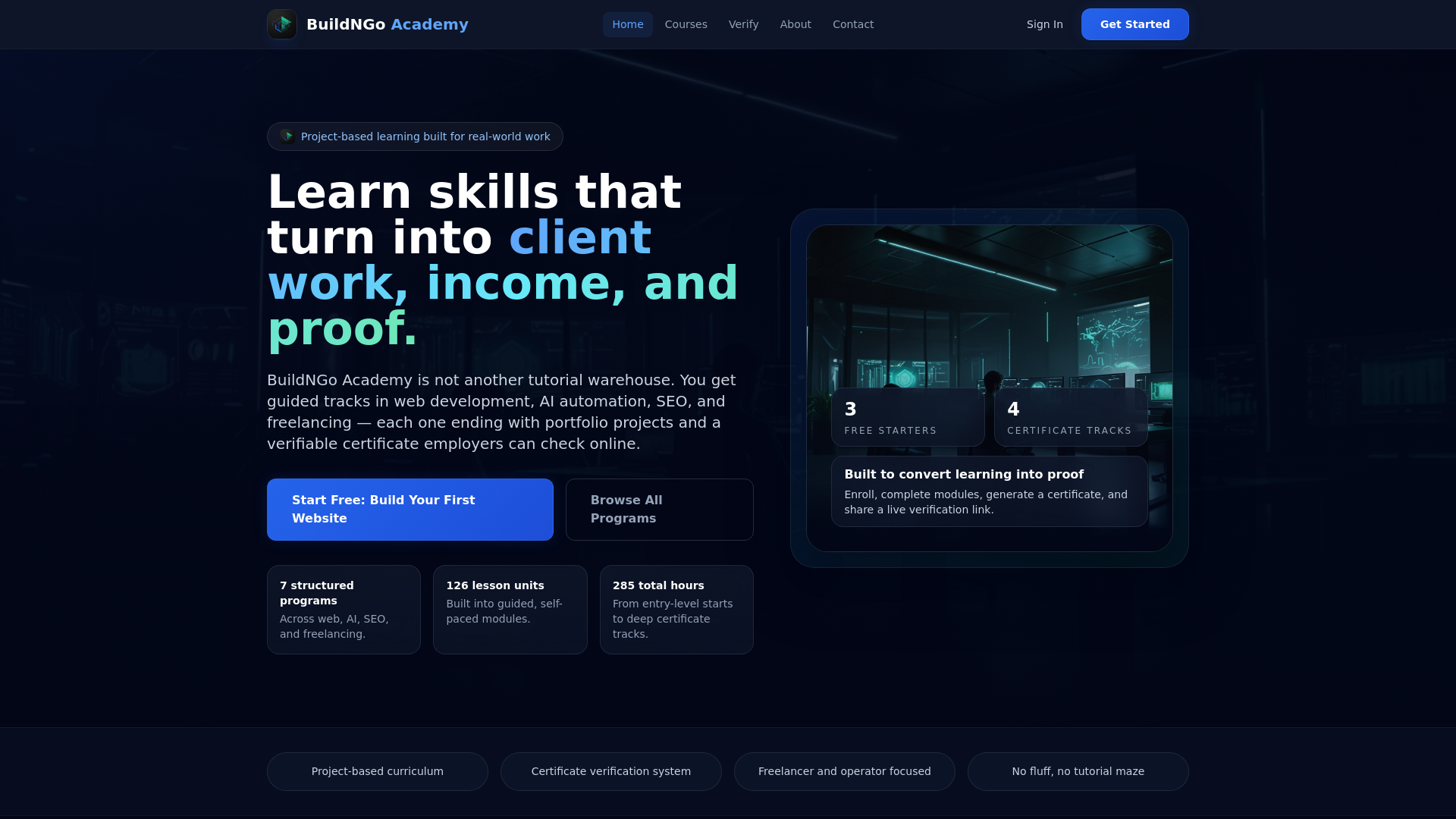 website screenshot of https://buildngoacademy.com/