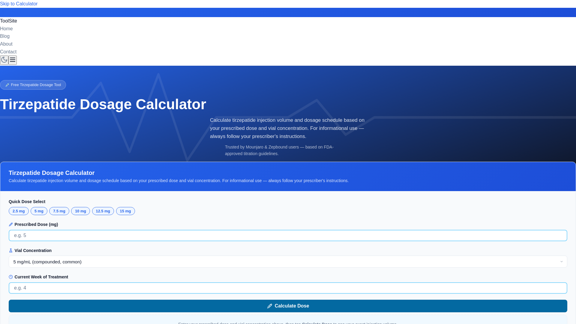 website screenshot of https://tirzepatidedosagecalculator.pages.dev/