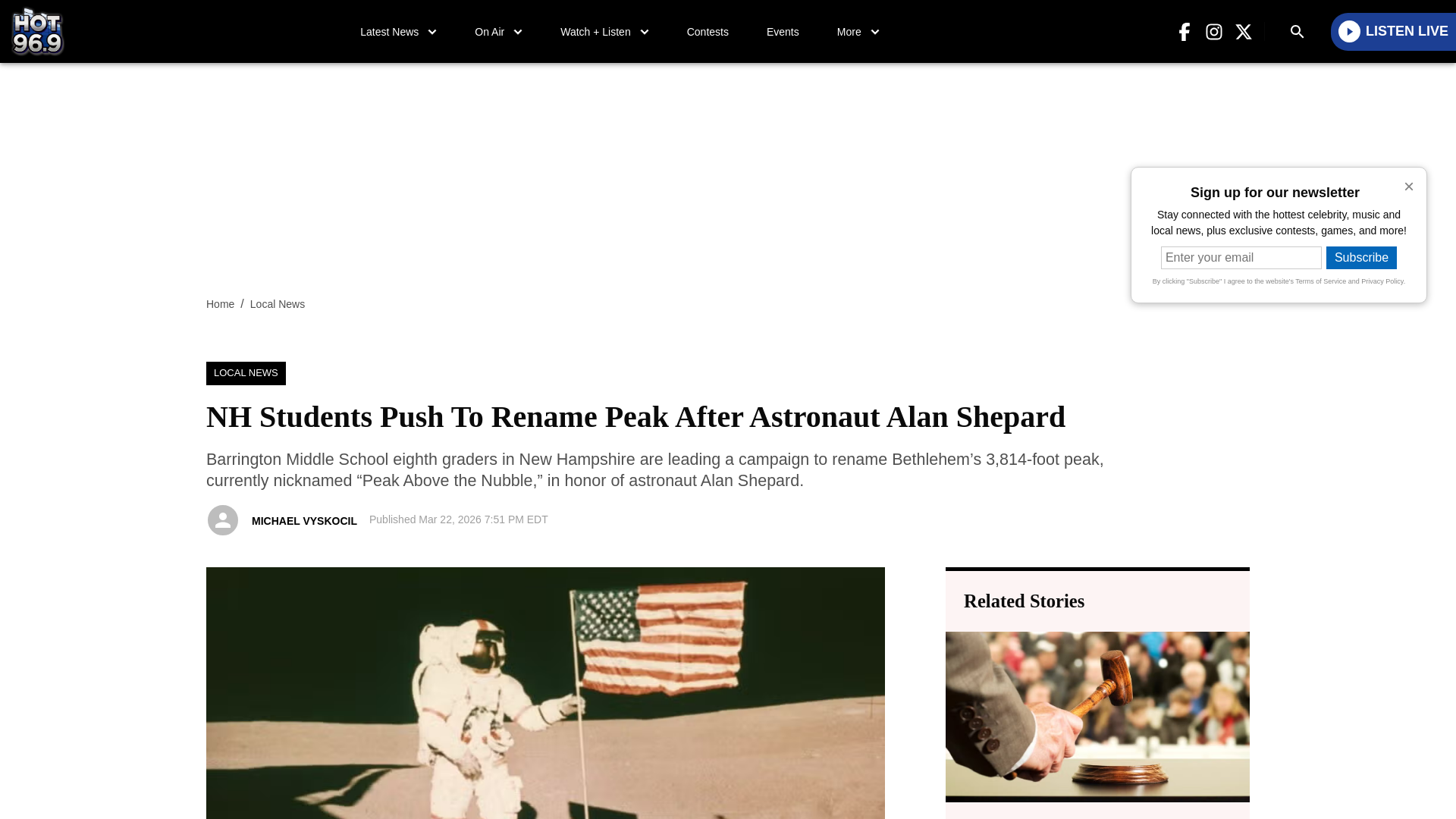 website screenshot of https://hot969boston.com/2026/03/22/nh-students-push-to-rename-peak-after-astronaut-alan-shepard/