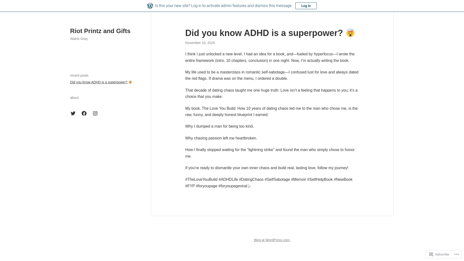 website screenshot of https://riotprintzandgifts.blog/