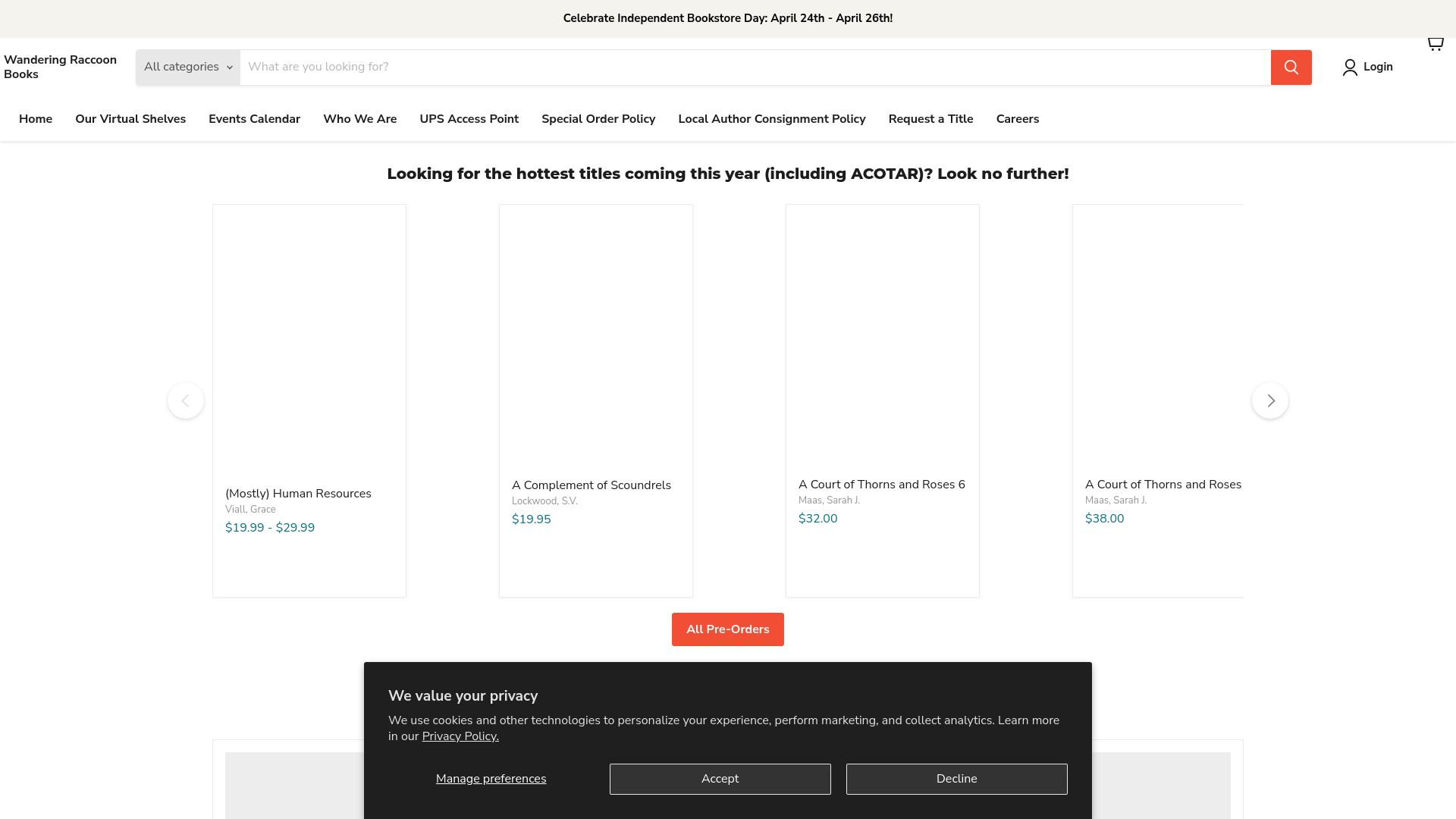 website screenshot of https://wanderingraccoonbooks.com/