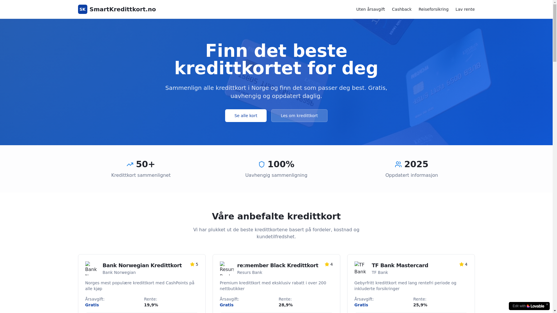 website screenshot of https://smartekredittkort.no/