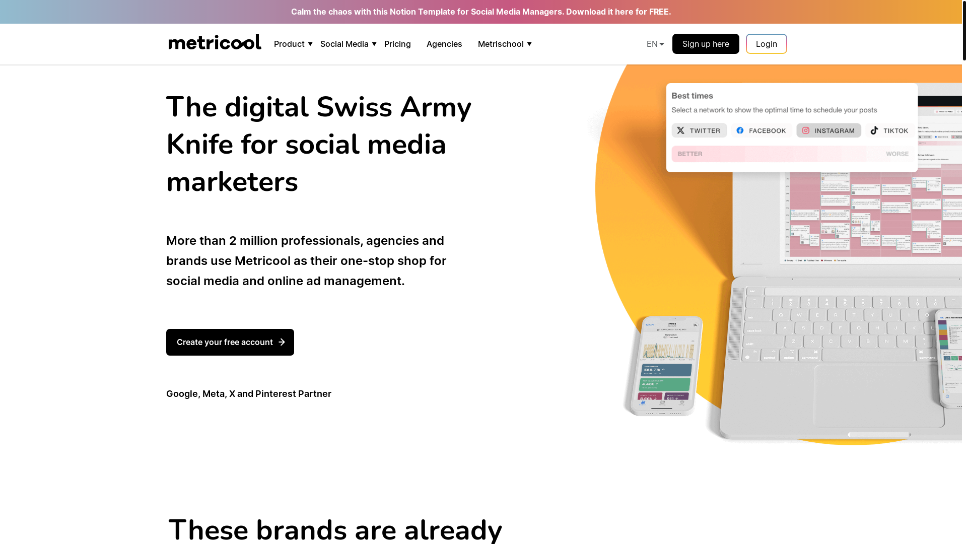 website screenshot of https://metricool.com/