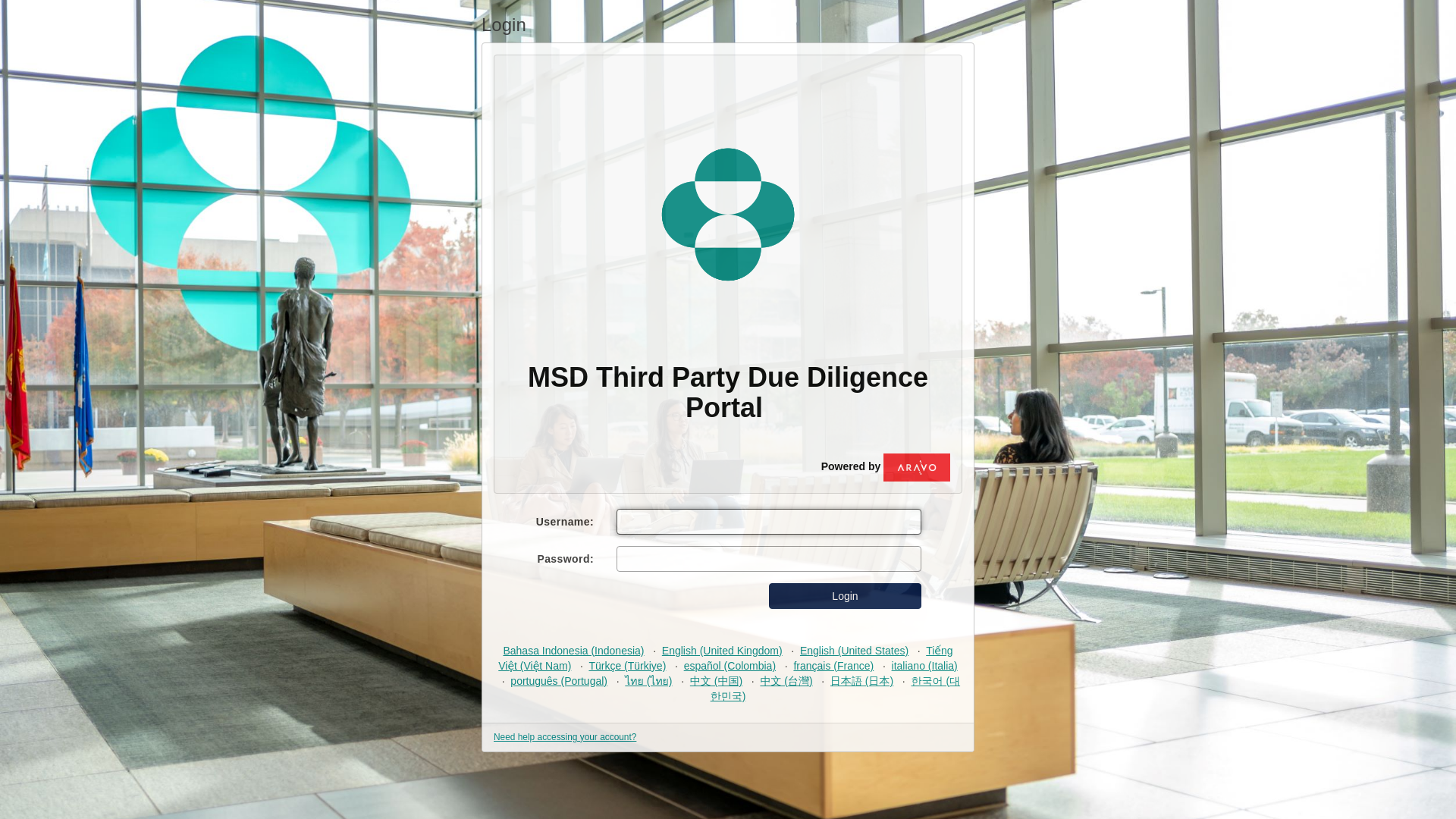 website screenshot of https://mrk.aravo.com/aems/login.do