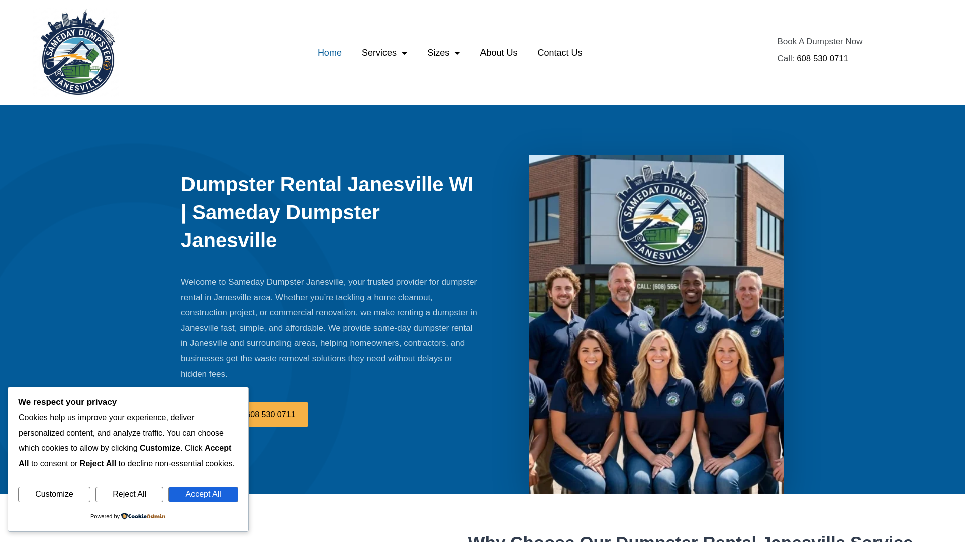 website screenshot of https://samedaydumpsterjanesville.com